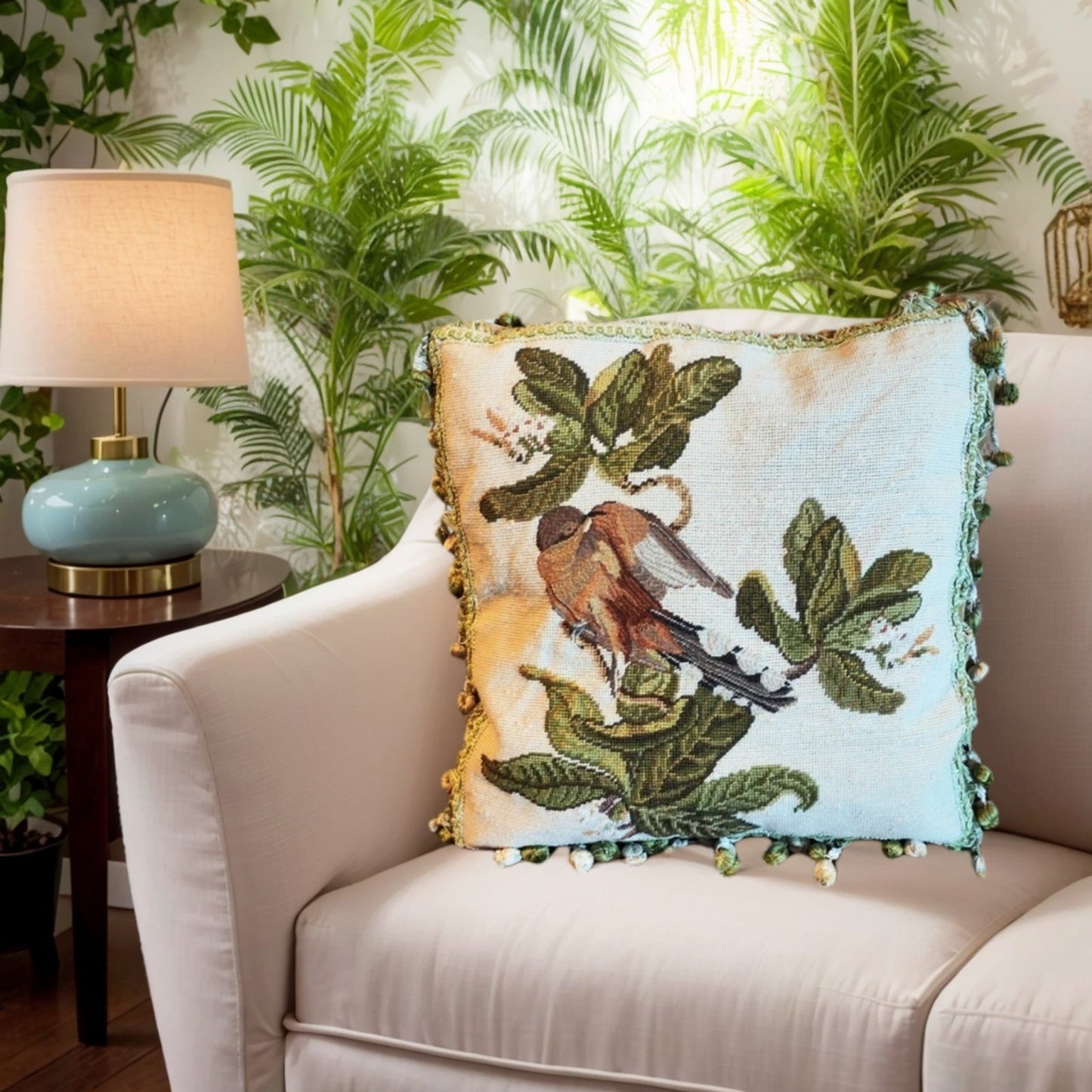 Handmade Wool Needlepoint Pillow Cover - Decorative Throw Cushion Cover - Vintage Floral Embroidery Design bird & dogwood with 2 color tassel