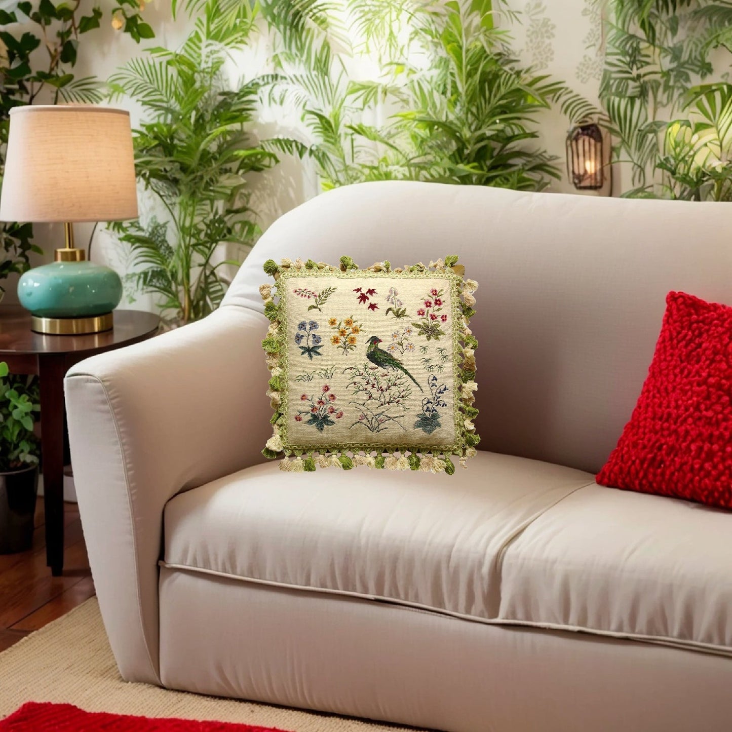 Handmade Wool Needlepoint Pillow Cover - Decorative Throw Cushion Cover - Vintage Floral Embroidery Design w/3 color tassel 2