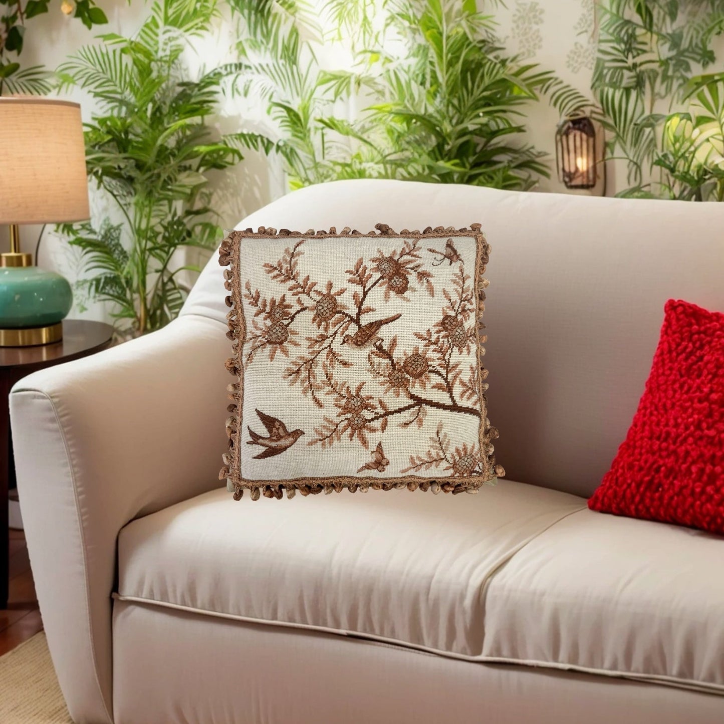Handmade Wool Needlepoint Pillow Cover - Decorative Throw Cushion Cover - Vintage Floral Embroidery Design antique tree swallows butterfliers with tassels