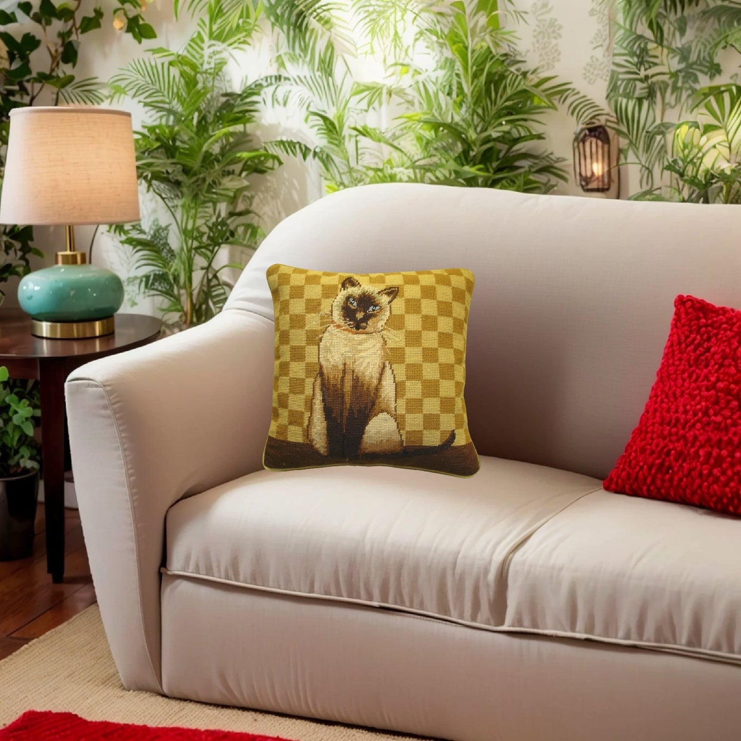 Handmade Wool Needlepoint Pillow Cover - Decorative Throw Cushion Cover - Vintage Floral Embroidery Design with badge brown cat gold checker