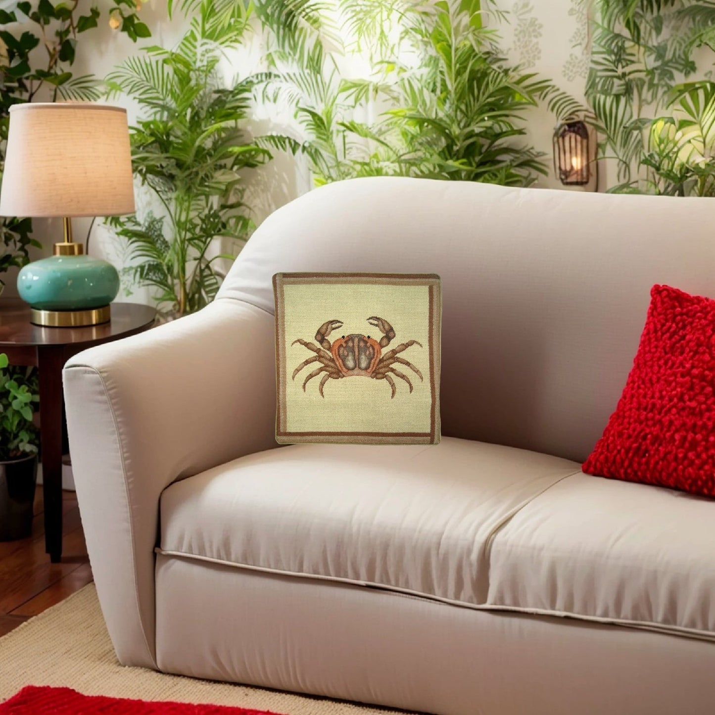 Handmade Wool Needlepoint Pillow Cover - Decorative Throw Cushion Cover - Vintage Floral Embroidery Design brown crab