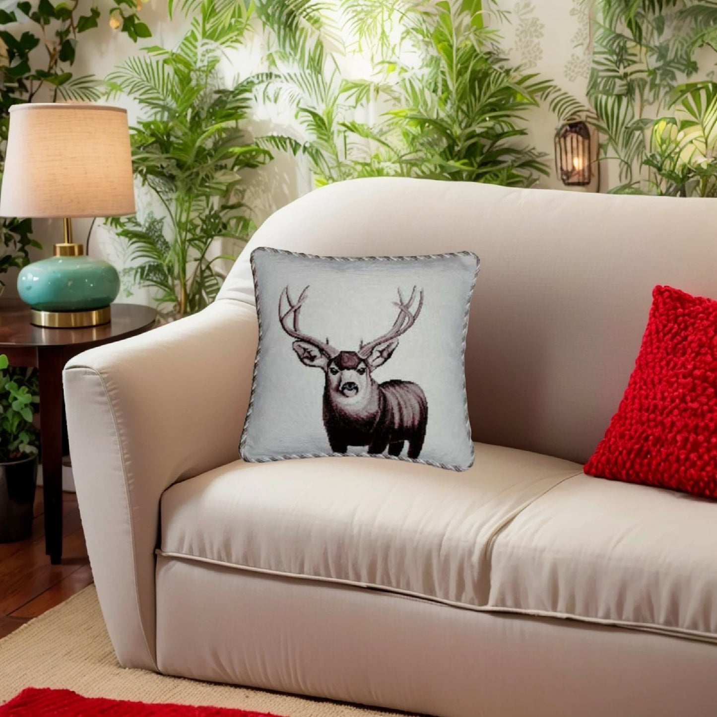 Handmade Wool Needlepoint Pillow Cover - Decorative Throw Cushion Cover - Vintage Floral Embroidery Design Moose with 3 color cording