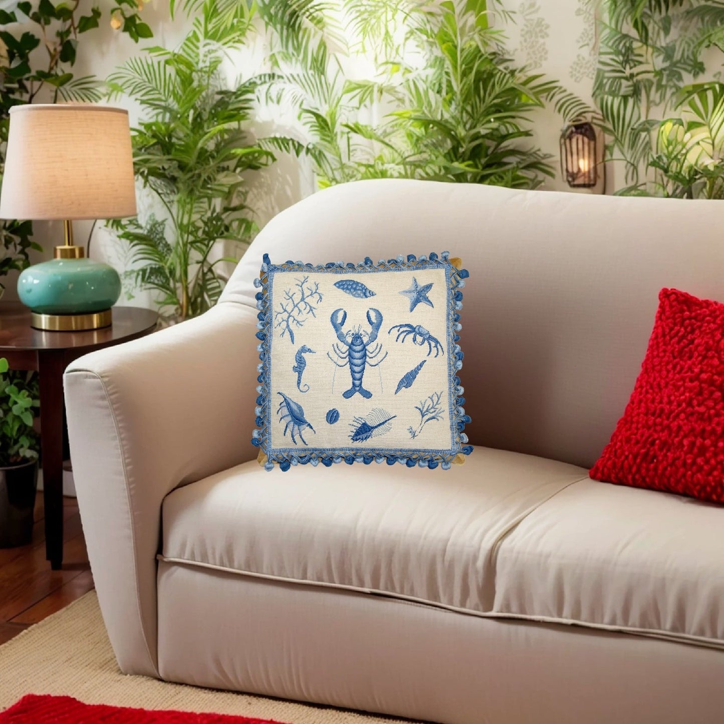 Handmade Wool Needlepoint Pillow Cover - Decorative Throw Cushion Cover - Vintage Floral Embroidery Design Fienst blue robster with tassels
