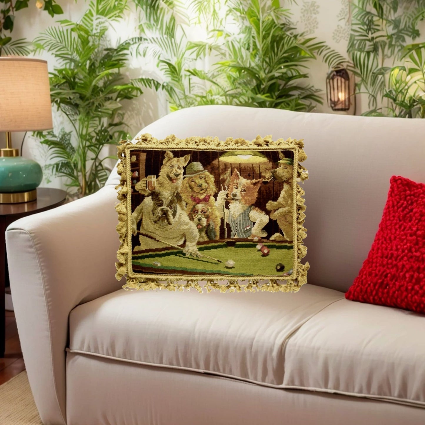 Handmade Wool Needlepoint Pillow Cover - Decorative Throw Cushion Cover - Vintage Floral Embroidery Design dogs playing pool with tassel