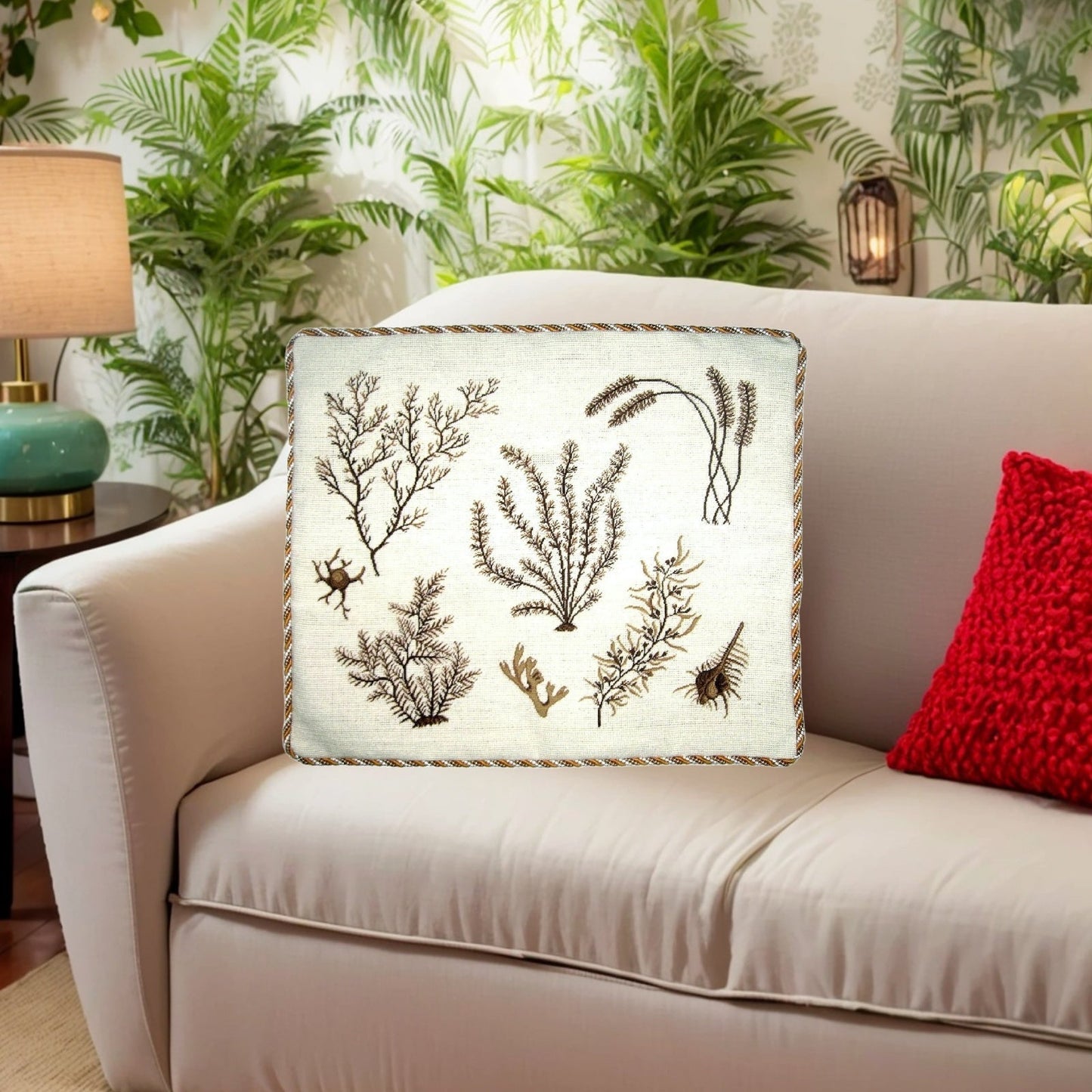 Handmade Wool Needlepoint Pillow Cover - Decorative Throw Cushion Cover - Vintage Floral Embroidery Design brown group seaweeds with cording