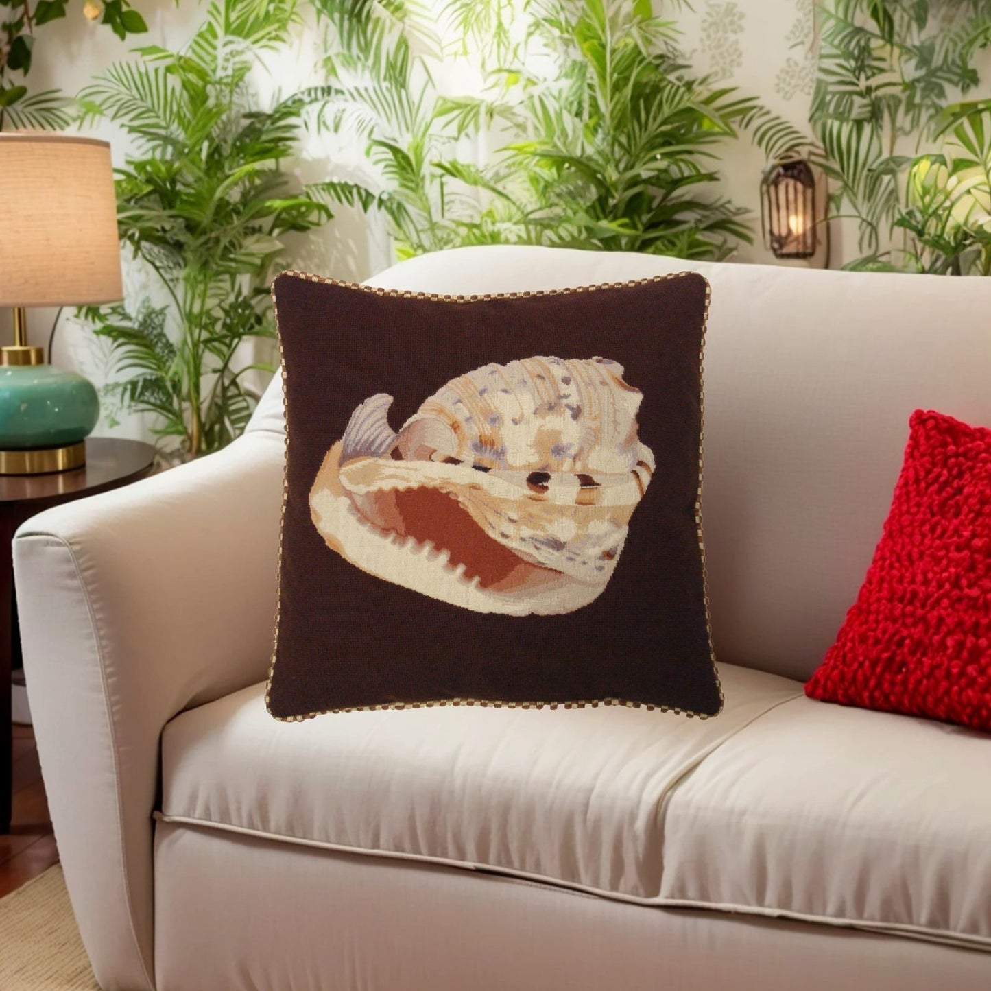 Handmade Wool Needlepoint Pillow Cover - Decorative Throw Cushion Cover - Vintage Floral Embroidery Design Conch shell dark brown background with cording