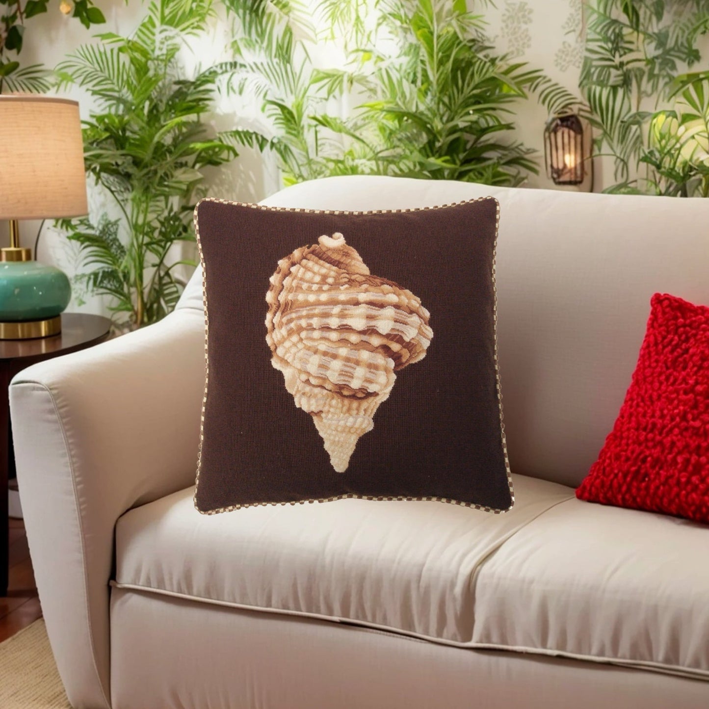 Handmade Wool Needlepoint Pillow Cover - Decorative Throw Cushion Cover - Vintage Floral Embroidery Design Hawaii Granulated frog shell dark brown background with cording