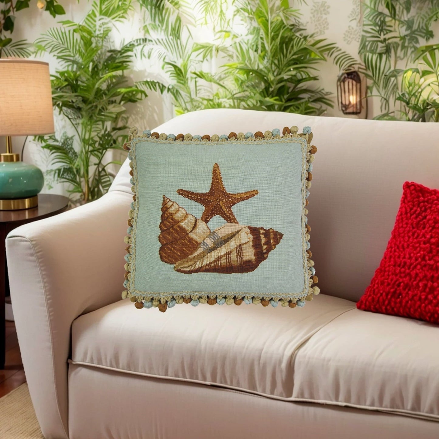 Handmade Wool Needlepoint Pillow Cover - Decorative Throw Cushion Cover - Vintage Floral Embroidery Design blue background with brown sea star fish and sea shells with tassel