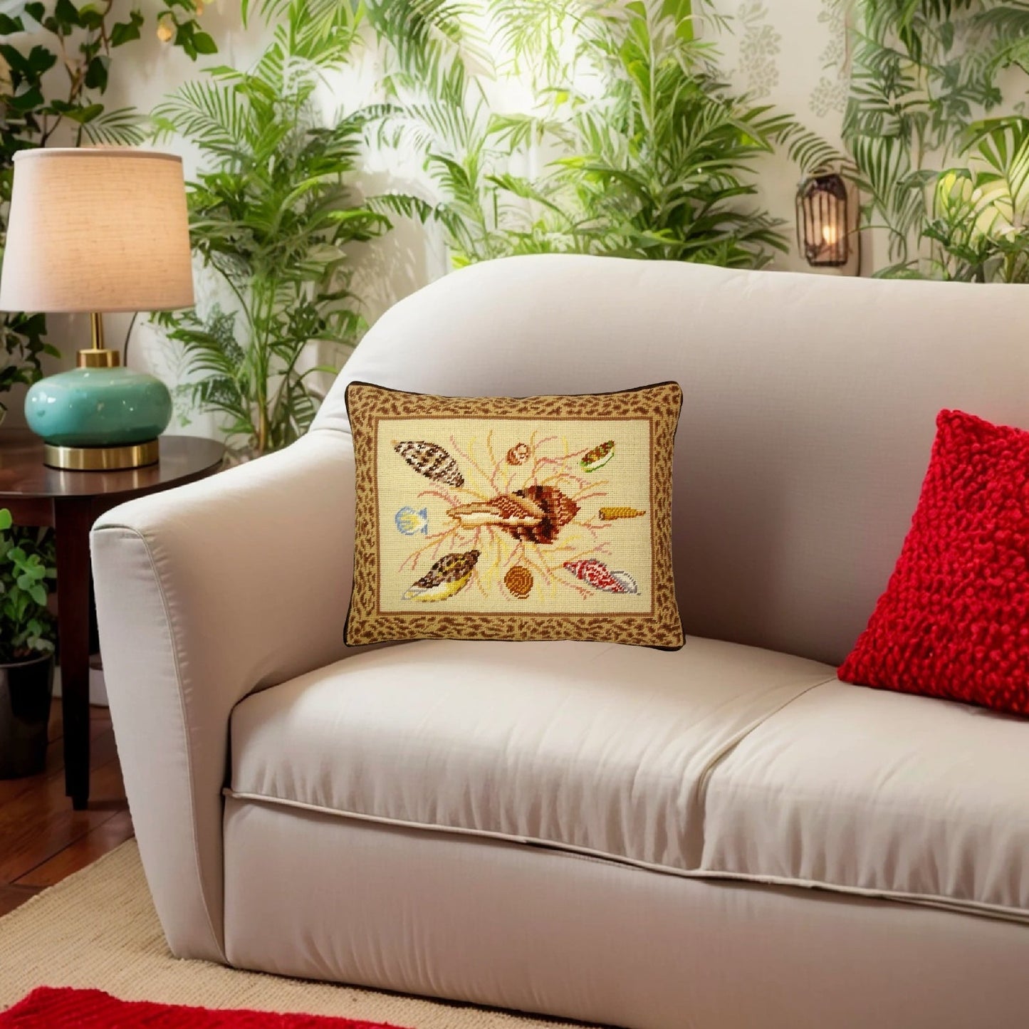 Handmade Wool Needlepoint Pillow Cover - Decorative Throw Cushion Cover - Vintage Floral Embroidery Design dark shell center animal print frame