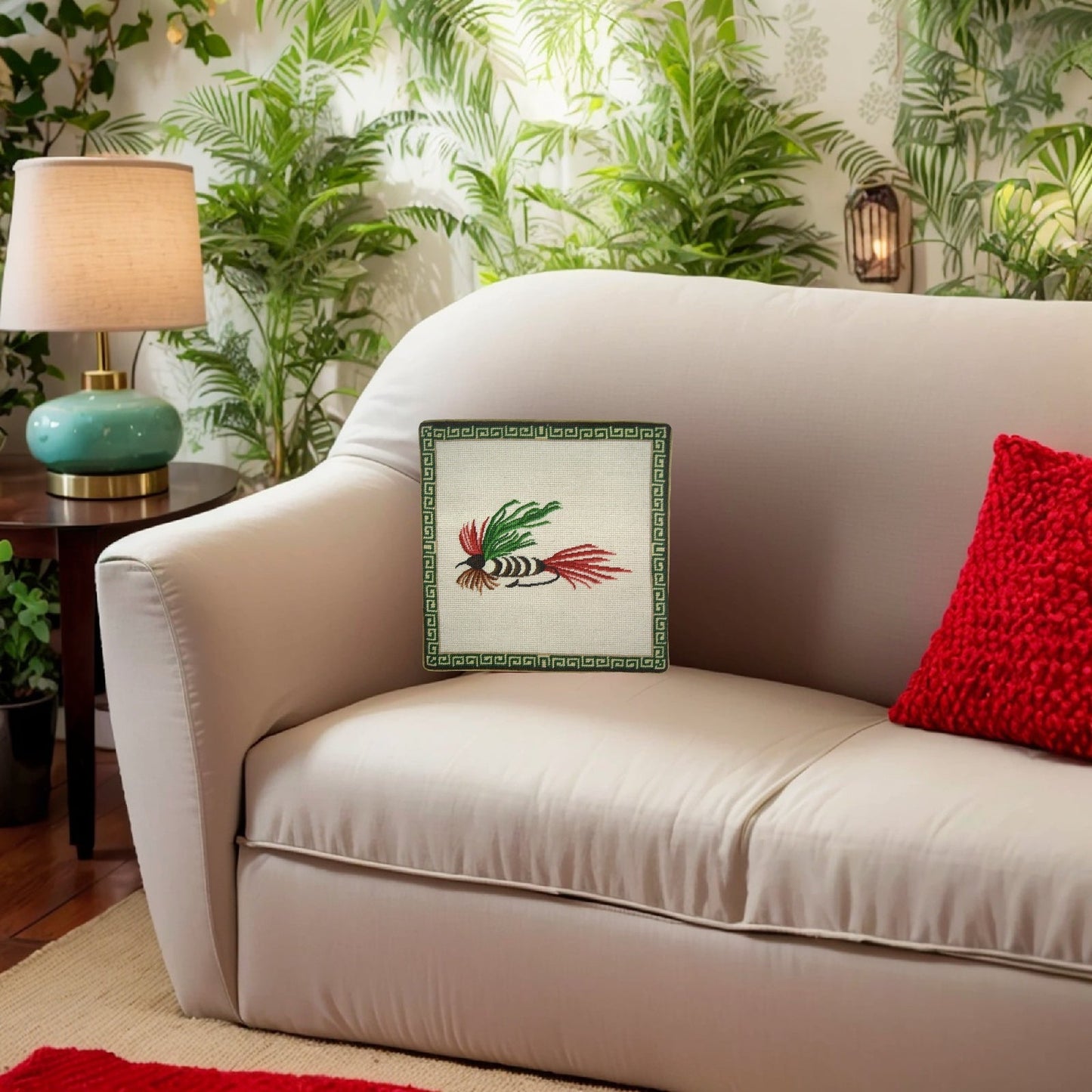 Handmade Wool Needlepoint Pillow Cover - Decorative Throw Cushion Cover - Vintage Floral Embroidery Design Fienst red-green fish-hook
