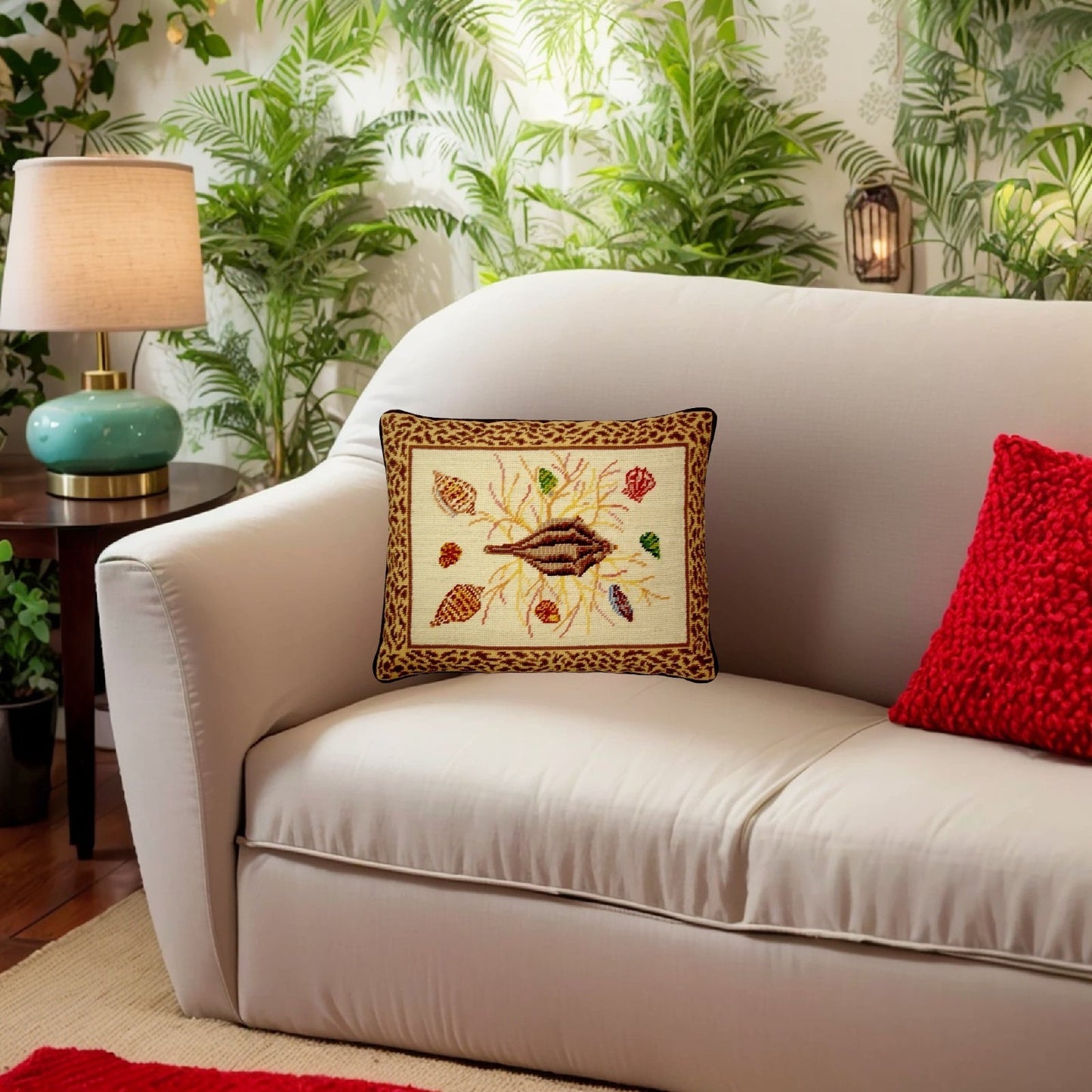 Handmade Wool Needlepoint Pillow Cover - Decorative Throw Cushion Cover - Vintage Floral Embroidery Design brown shell center animal print frame