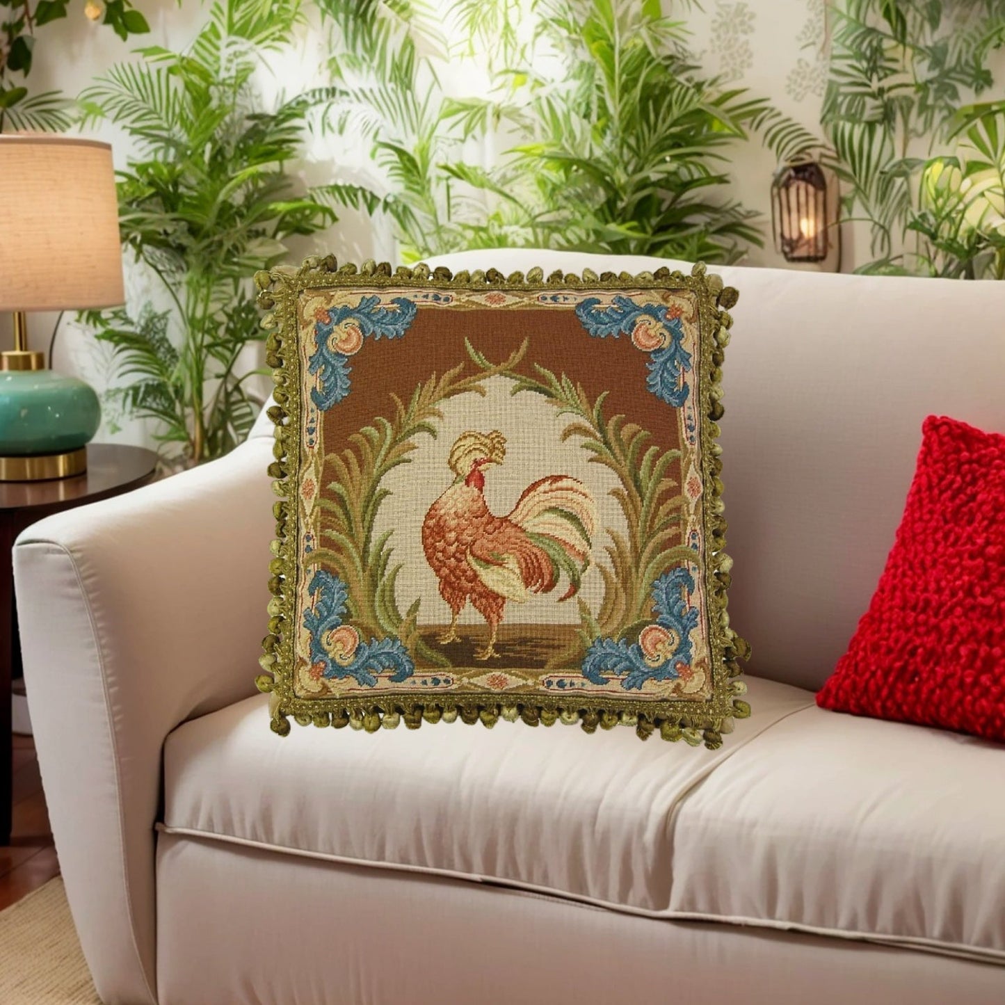 Handmade Wool Needlepoint Pillow Cover - Decorative Throw Cushion Cover - Vintage Floral Embroidery Design Old World gallinaceous game bird -partridge looking back with tassels 1