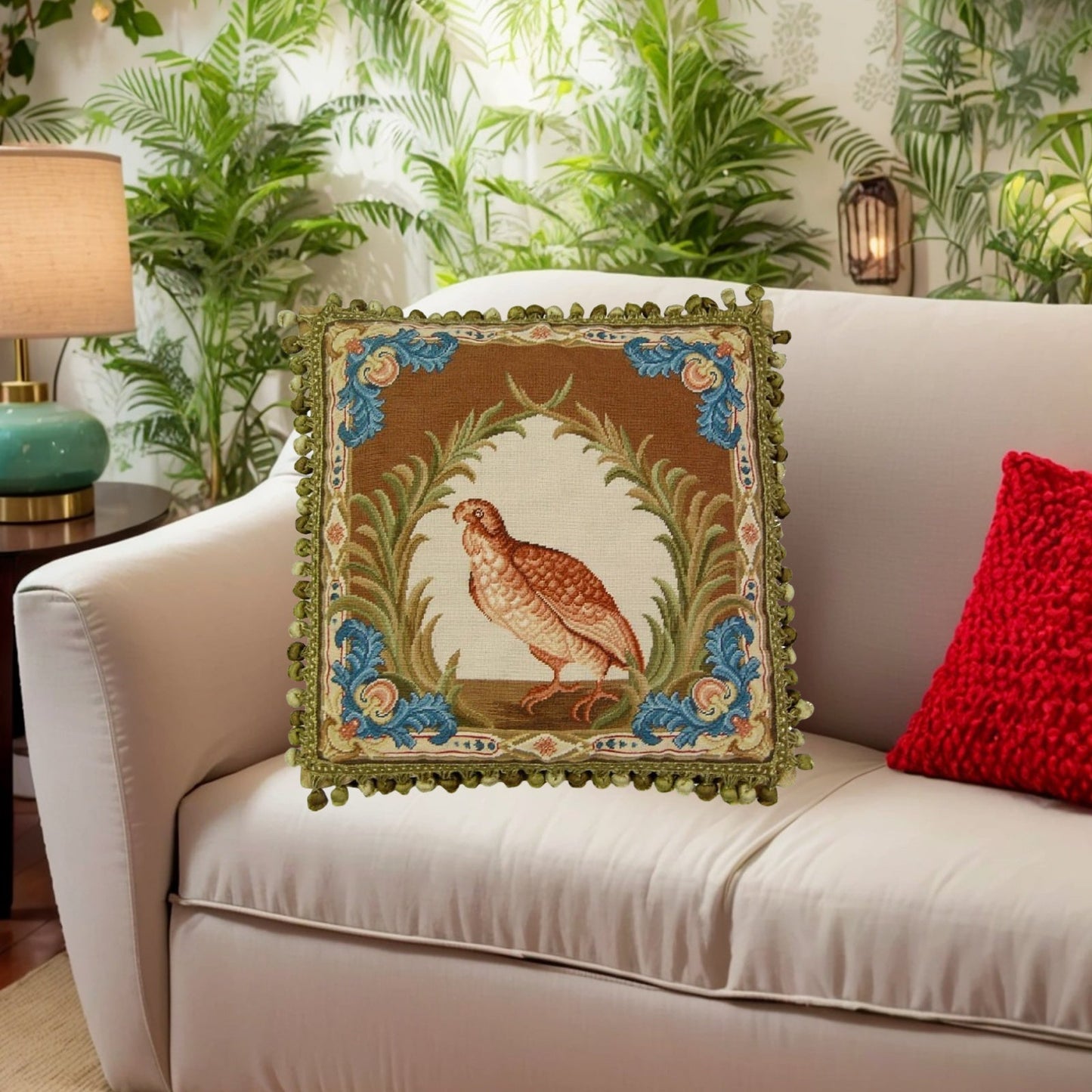 Handmade Wool Needlepoint Pillow Cover - Decorative Throw Cushion Cover - Vintage Floral Embroidery Design Old World gallinaceous game bird -partridge looking forward with tassels2
