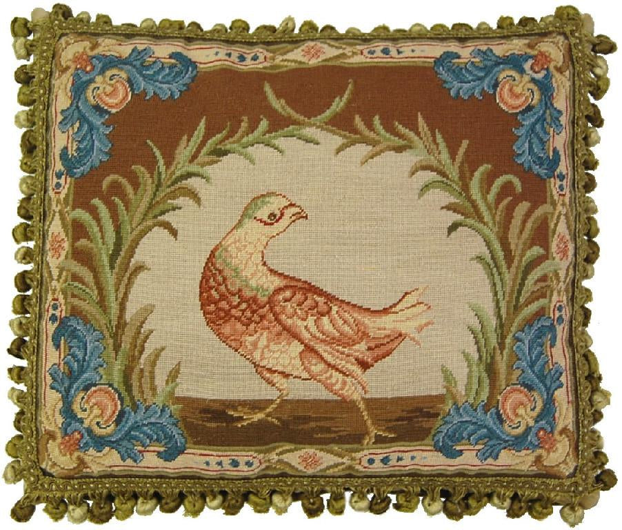 Needlepoint Hand-Embroidered Wool Throw Pillow Exquisite Home Designs Old World gallinaceous game bird -partridge looking back with tassels