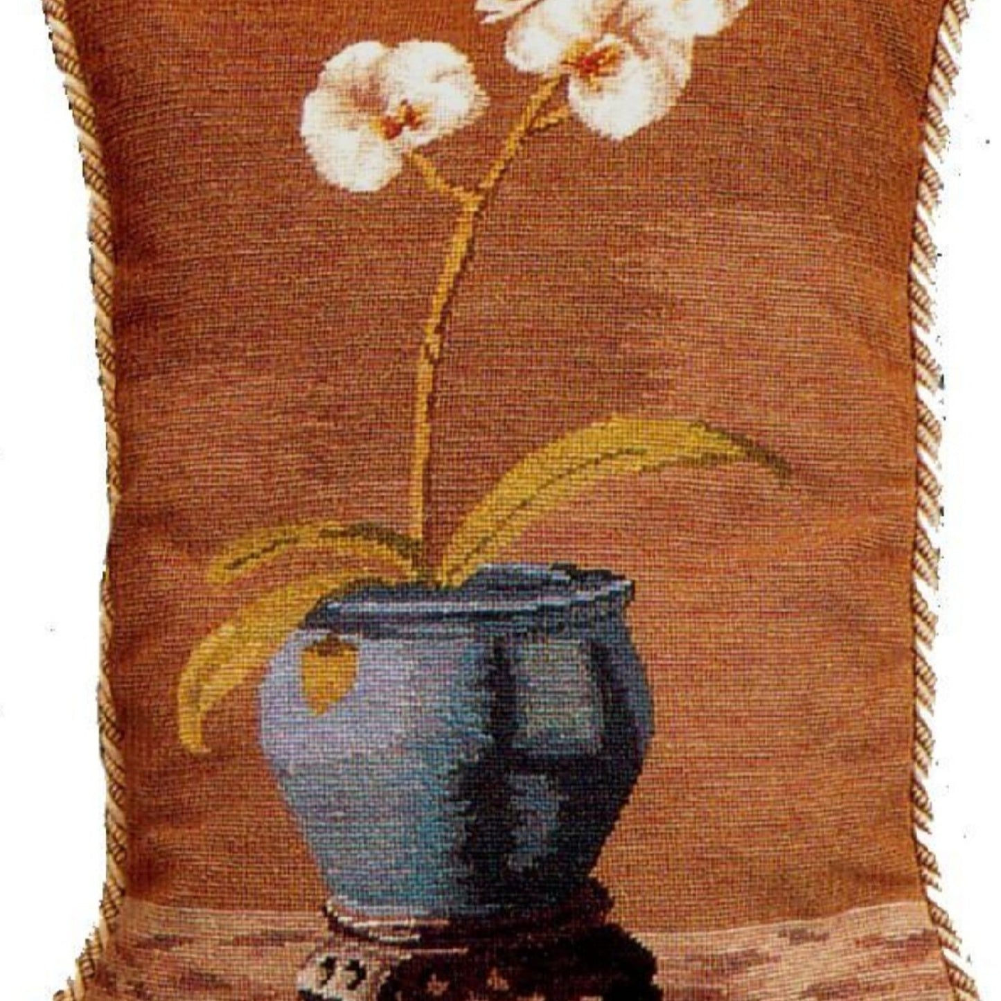 Handmade Wool Needlepoint Pillow Cover - Decorative Throw Cushion Cover - Vintage Floral Embroidery Design white orchard in blue pot with 2 color cording