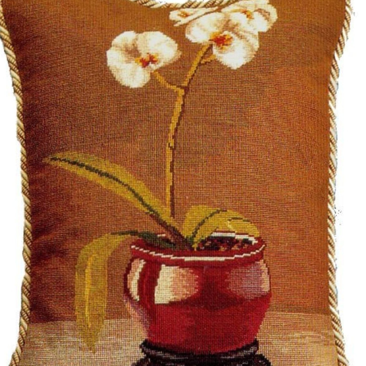 Handmade Wool Needlepoint Pillow Cover - Decorative Throw Cushion Cover - Vintage Floral Embroidery Design white orchard in red pot with 2 color cording