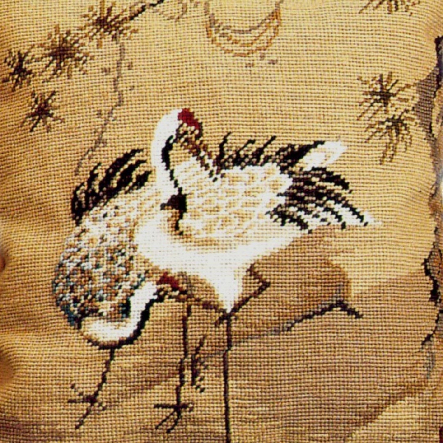 Handmade Wool Needlepoint Pillow Cover - Decorative Throw Cushion Cover - Vintage Floral Embroidery Design Cranes with pine tree 1