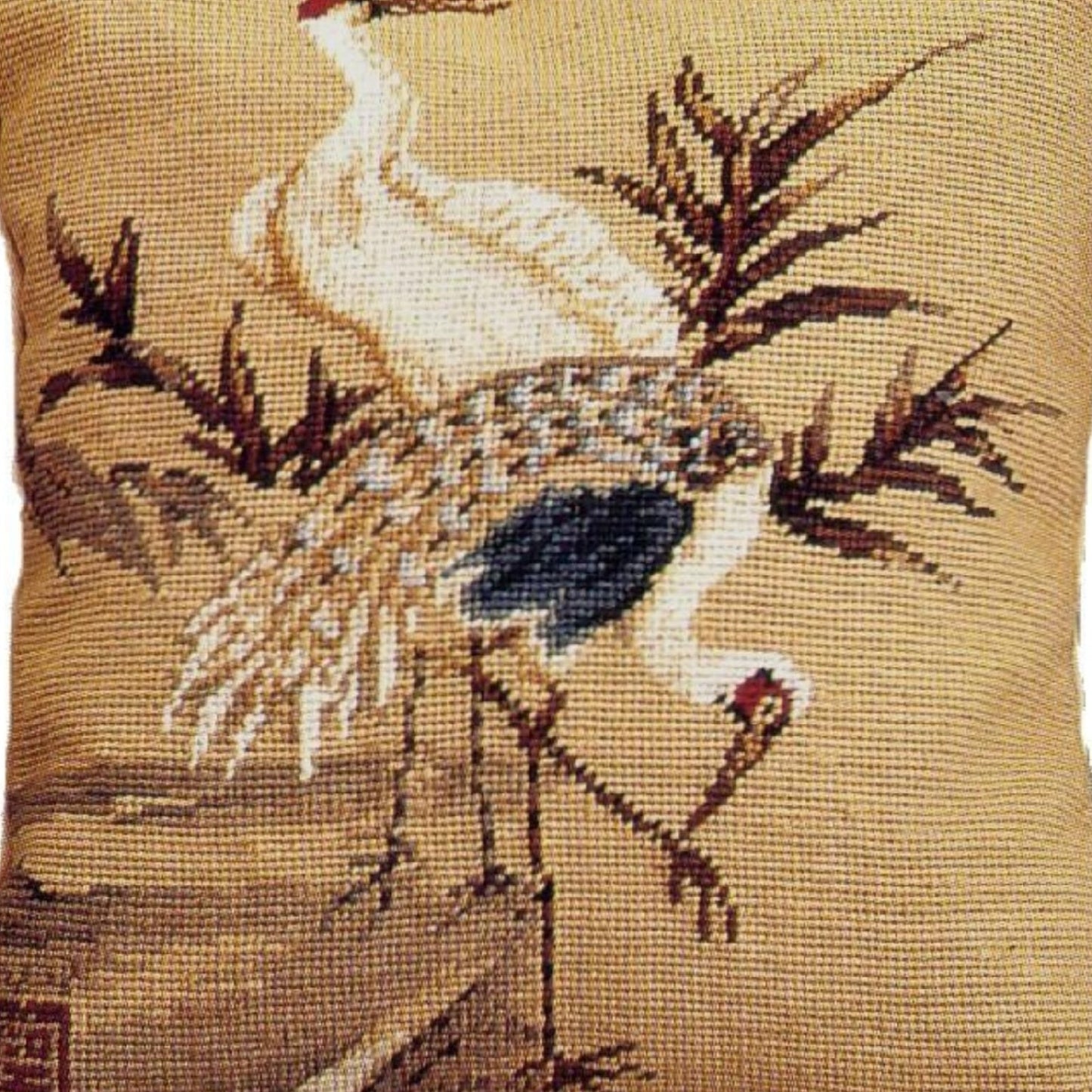 Handmade Wool Needlepoint Pillow Cover - Decorative Throw Cushion Cover - Vintage Floral Embroidery Design Cranes with green leaves