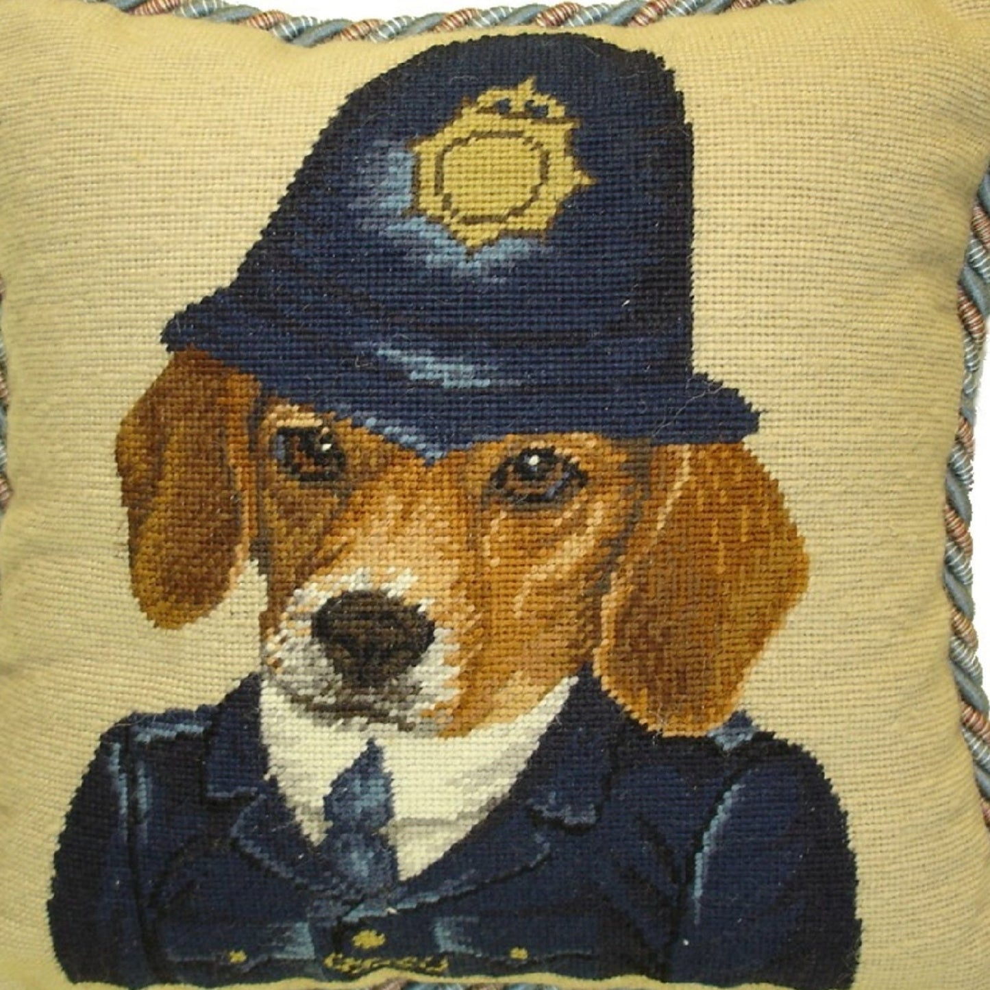 Handmade Wool Needlepoint Pillow Cover - Decorative Throw Cushion Cover - Vintage Floral Embroidery Design Bobby Beagle with 2 color cording