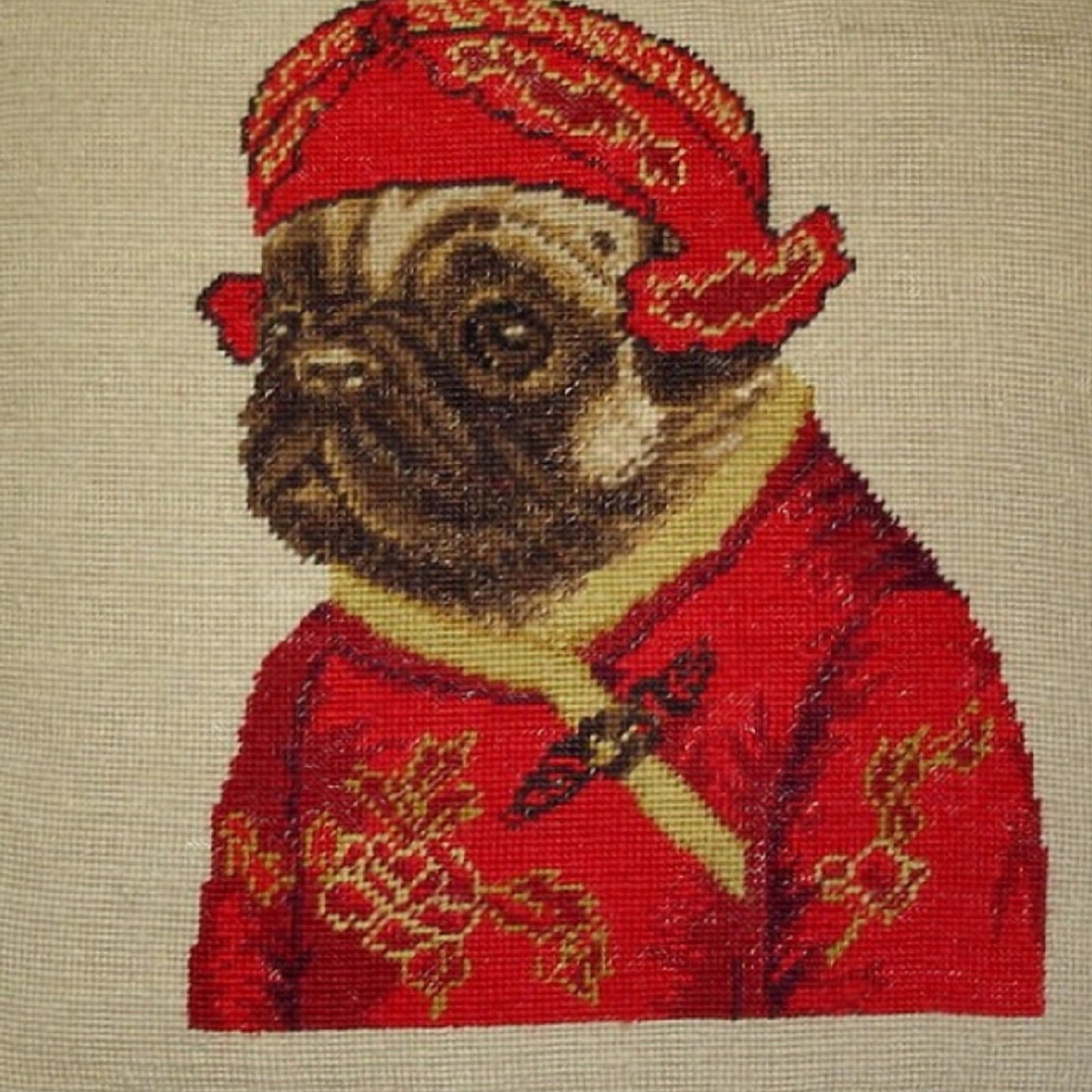 Handmade Wool Needlepoint Pillow Cover - Decorative Throw Cushion Cover - Vintage Floral Embroidery Design pug boy in red jacket ware hat with 3 color cording