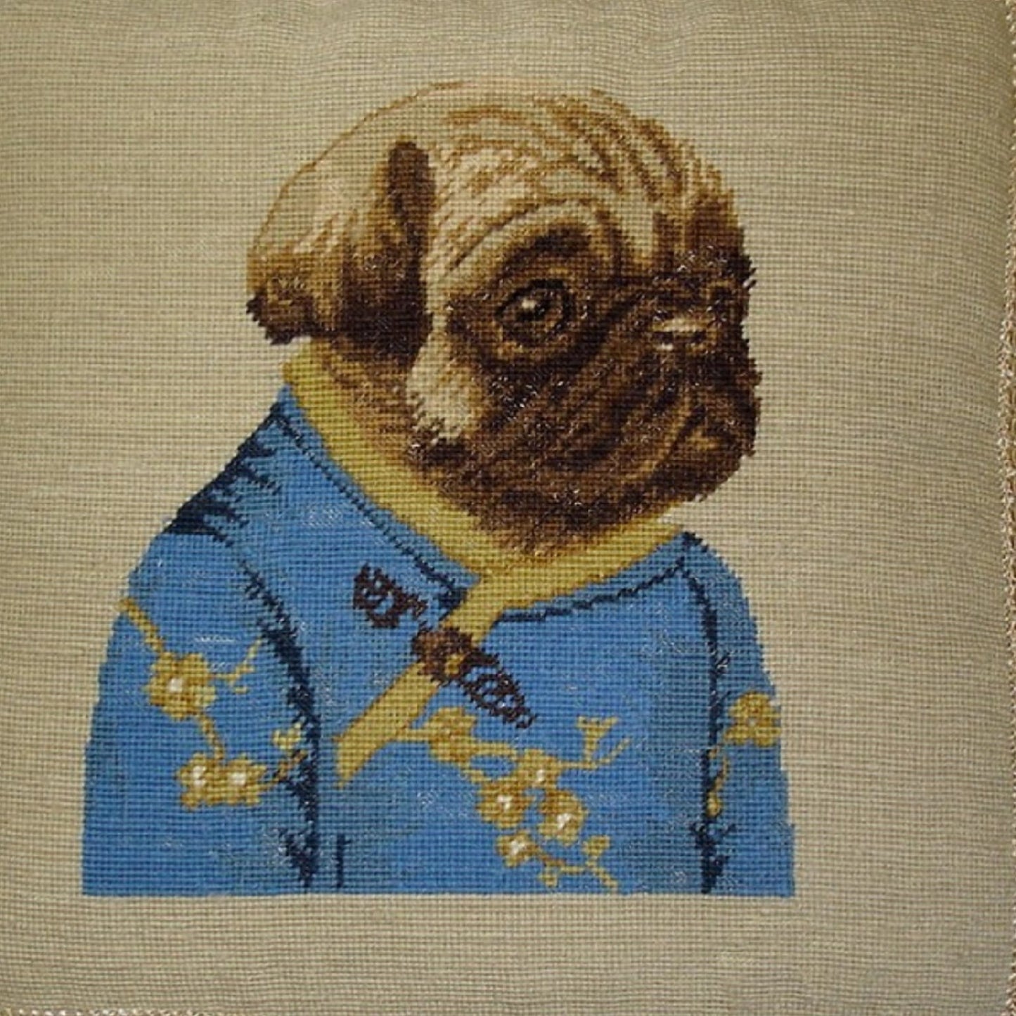 Handmade Wool Needlepoint Pillow Cover - Decorative Throw Cushion Cover - Vintage Floral Embroidery Design pug girl in blue jacket with 3 color cording