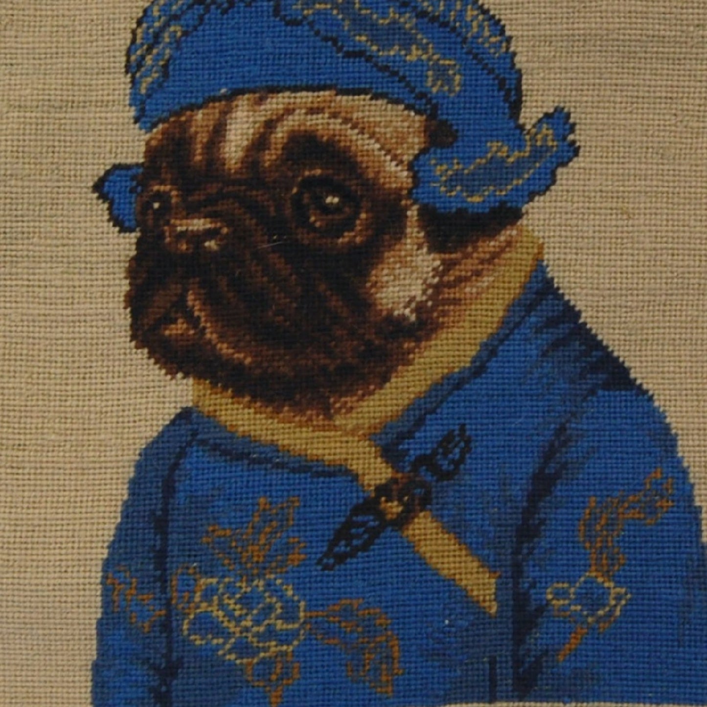 Handmade Wool Needlepoint Pillow Cover - Decorative Throw Cushion Cover - Vintage Floral Embroidery Design pug boy in blue with 3 color cording