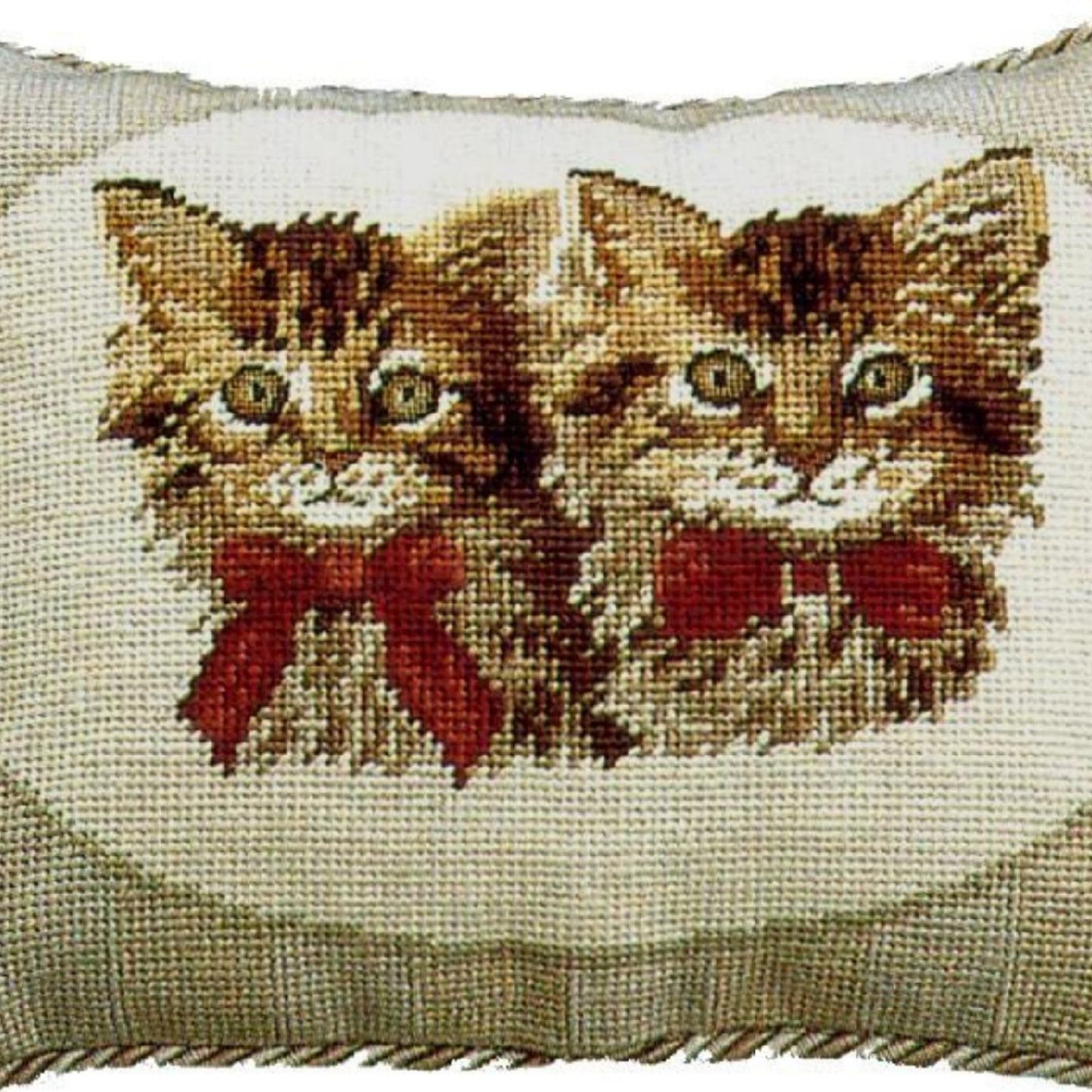 Handmade Wool Needlepoint Pillow Cover - Decorative Throw Cushion Cover - Vintage Floral Embroidery Design 2 brown cats with 2 color cording