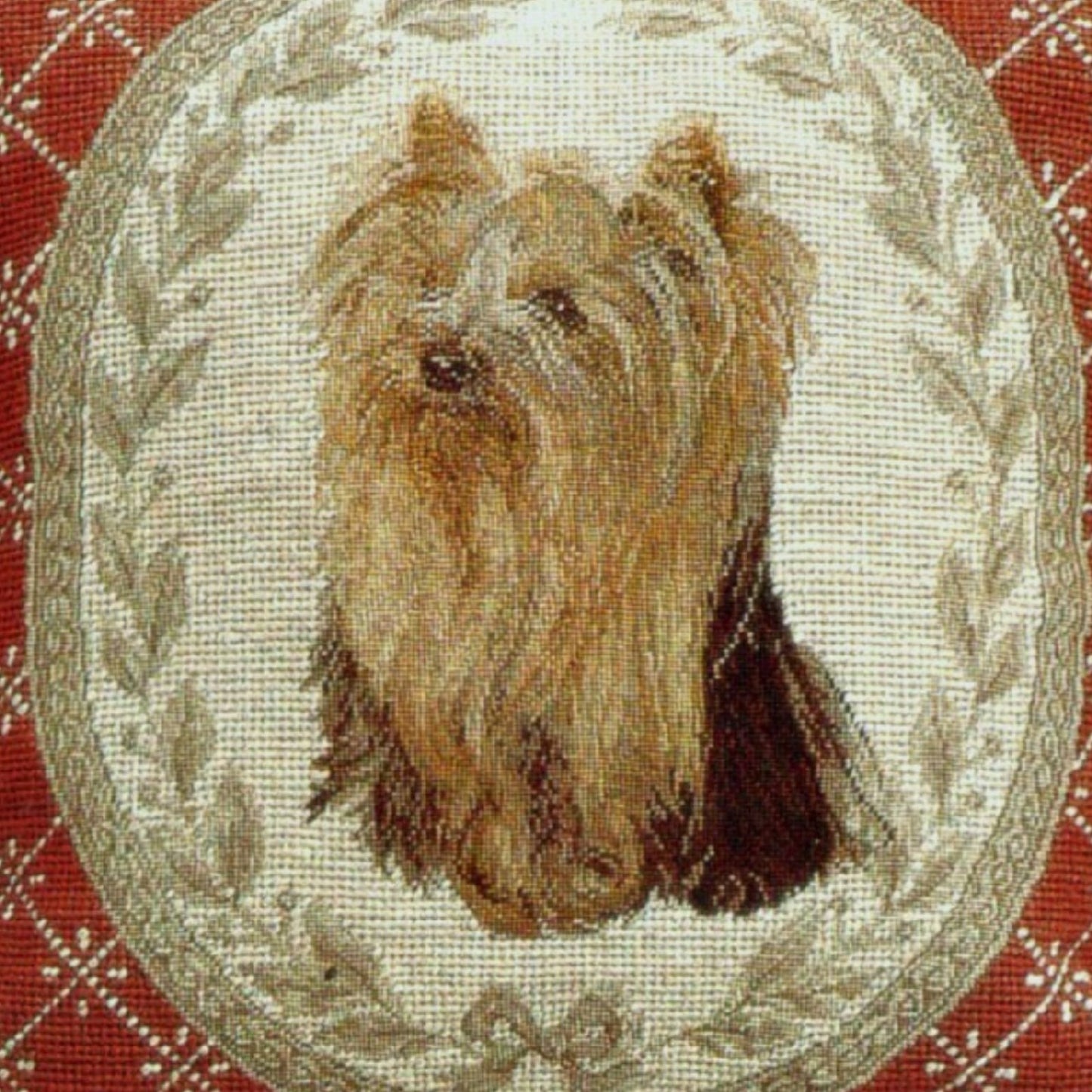 Handmade Wool Needlepoint Pillow Cover - Decorative Throw Cushion Cover - Vintage Floral Embroidery Design Yorkshire Terrier in red weather frame