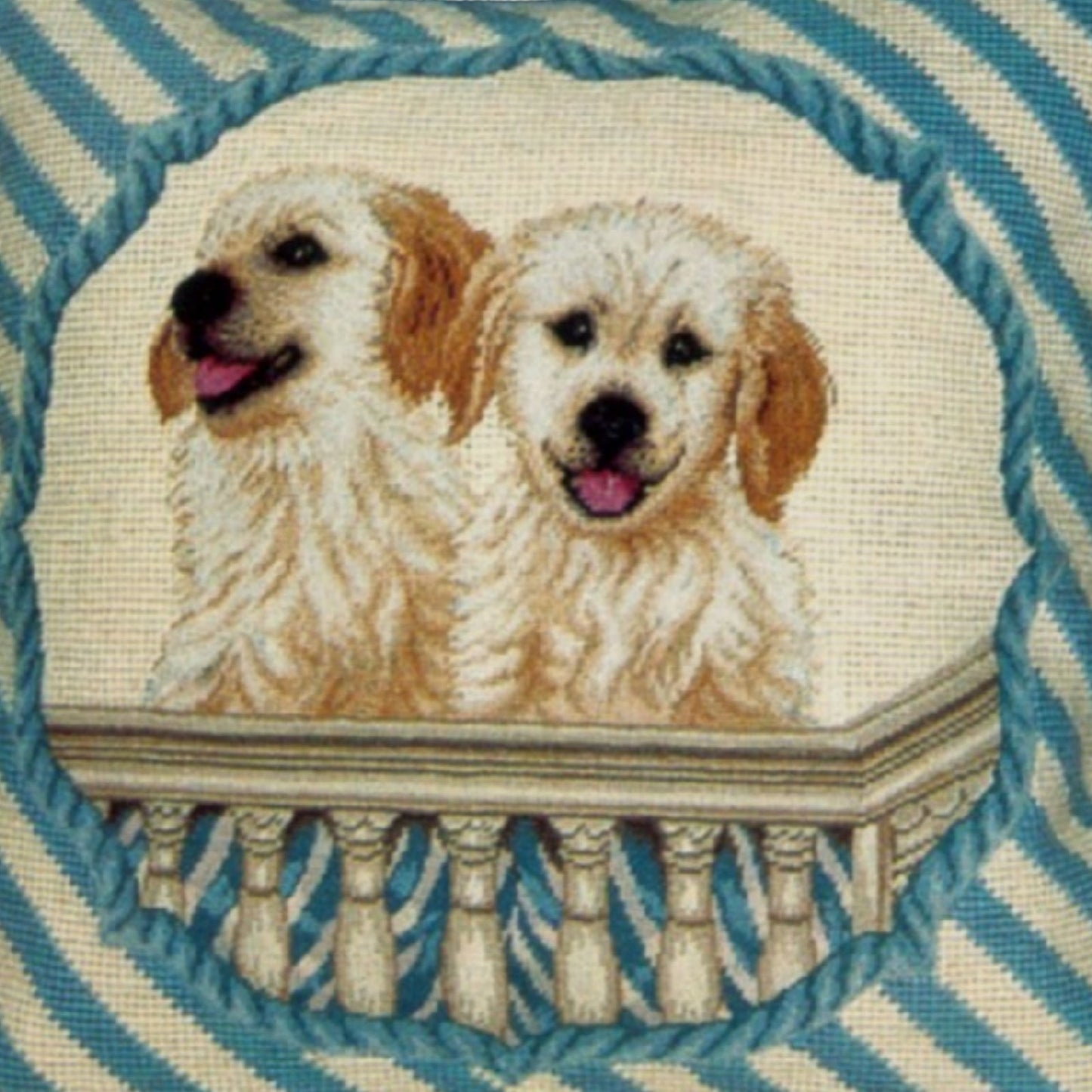 Handmade Wool Needlepoint Pillow Cover - Decorative Throw Cushion Cover - Vintage Floral Embroidery Design 2 puppies in balcony