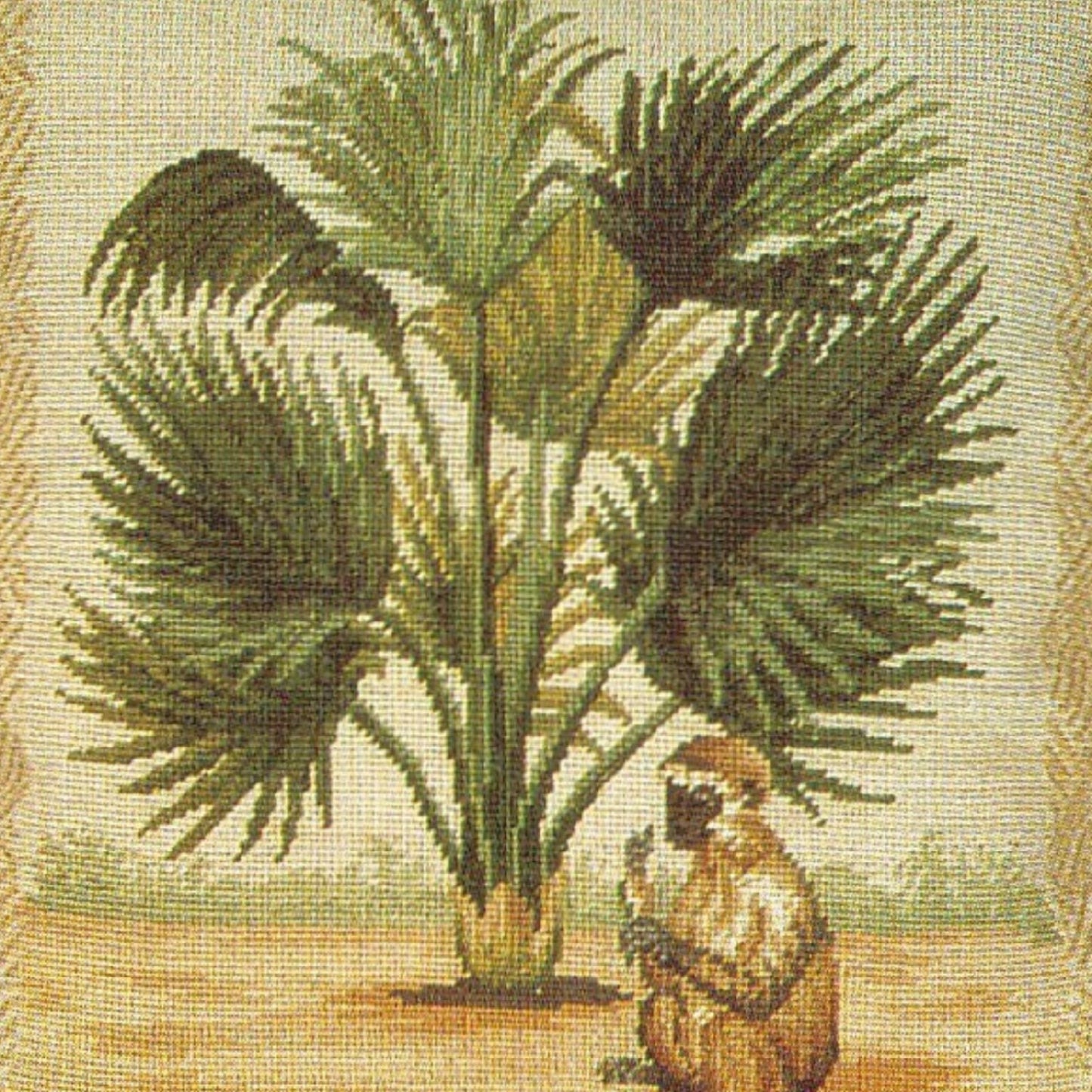 Handmade Wool Needlepoint Pillow Cover - Decorative Throw Cushion Cover - Vintage Floral Embroidery Design 5 long tail monkey & palm tree waved frame