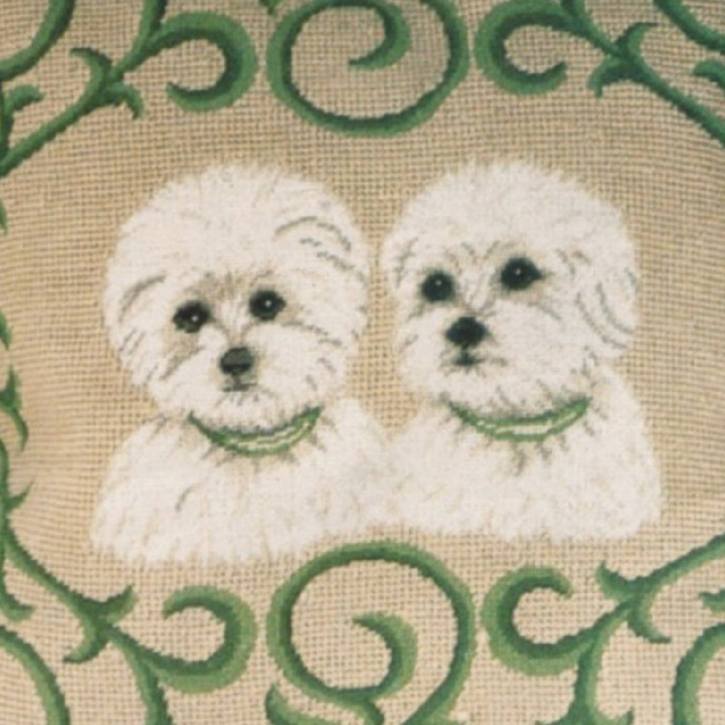 Handmade Wool Needlepoint Pillow Cover - Decorative Throw Cushion Cover - Vintage Floral Embroidery Design twin Westie in green leave frame