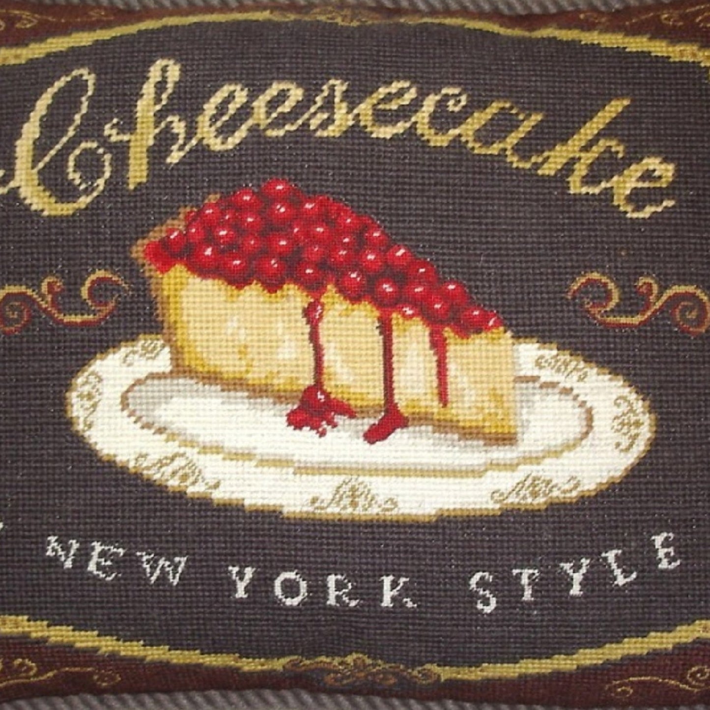 Handmade Wool Needlepoint Pillow Cover - Decorative Throw Cushion Cover - Vintage Floral Embroidery Design cheesecake with brown cording
