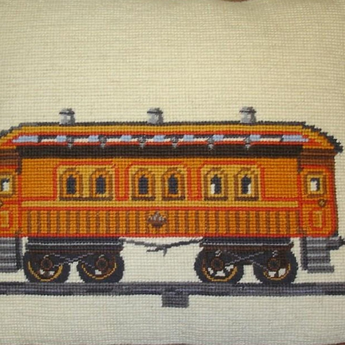 Handmade Wool Needlepoint Pillow Cover - Decorative Throw Cushion Cover - Vintage Floral Embroidery Design train with brown cording