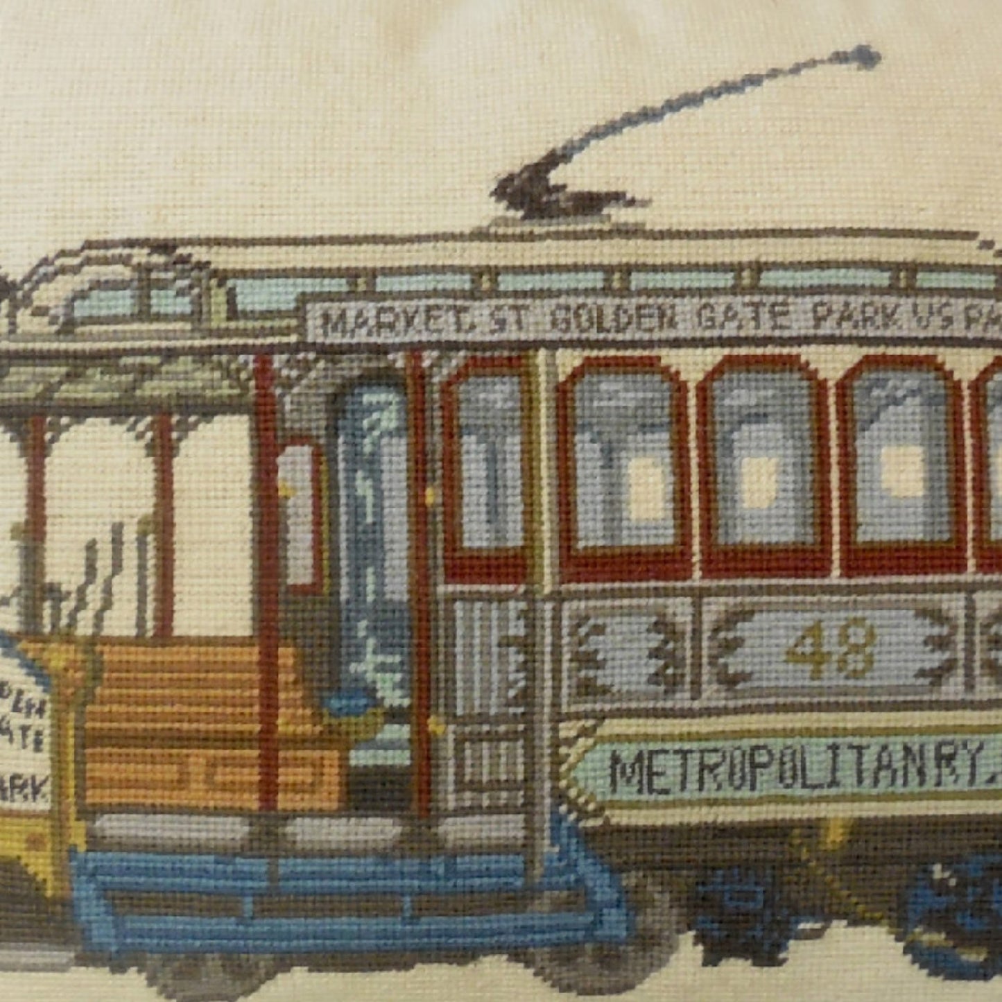 Handmade Wool Needlepoint Pillow Cover - Decorative Throw Cushion Cover - Vintage Floral Embroidery Design of SF cable car Market-GGP-Page St checker cording