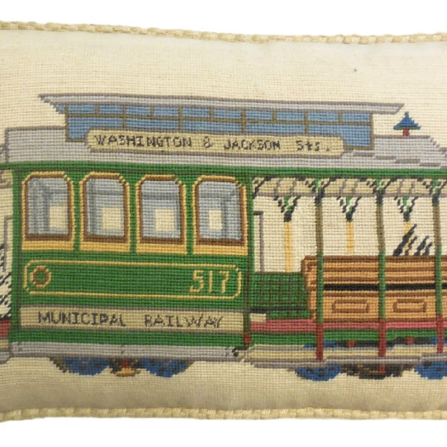 Handmade Wool Needlepoint Pillow Cover - Decorative Throw Cushion Cover - Vintage Floral Embroidery Design SF cable car Washington-Jackson St checker cording