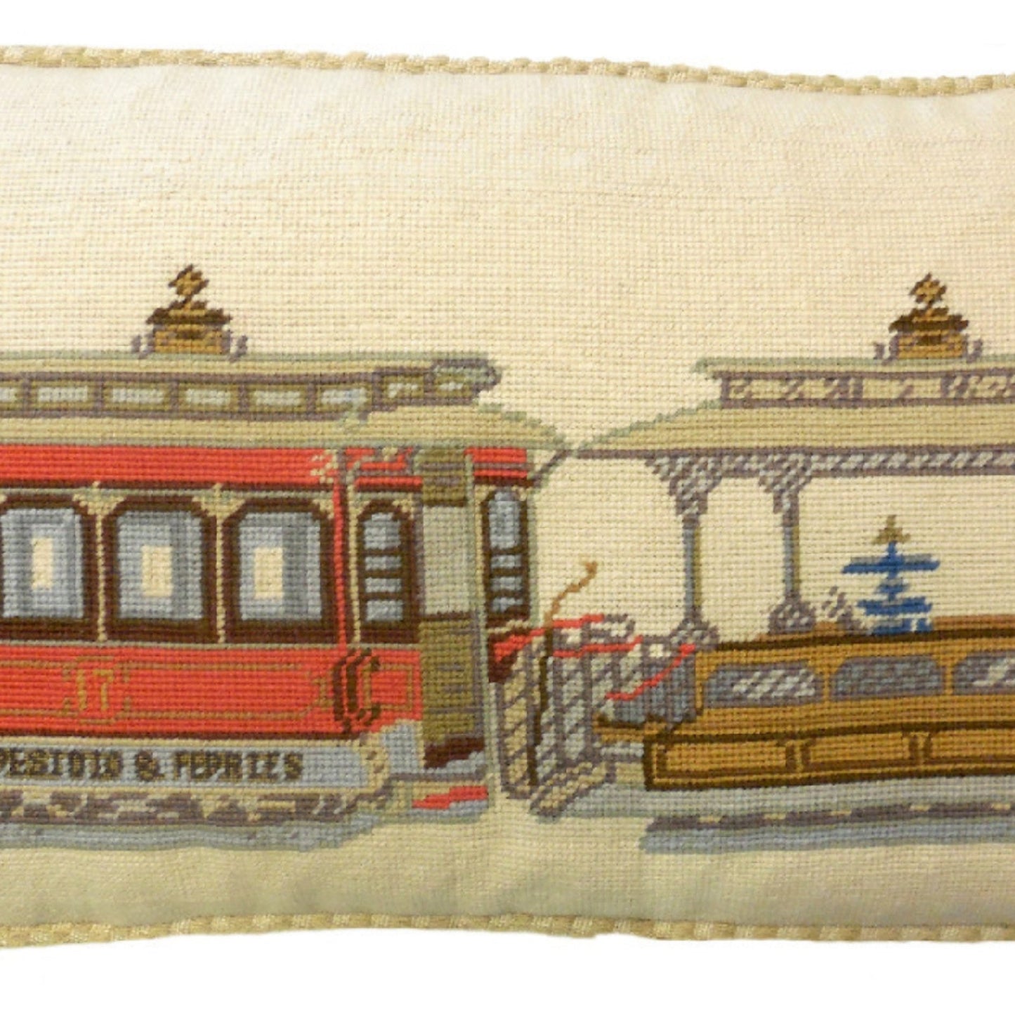 Handmade Wool Needlepoint Pillow Cover - Decorative Throw Cushion Cover - Vintage Floral Embroidery Design SF cable car Presidio- Ferries checker cording