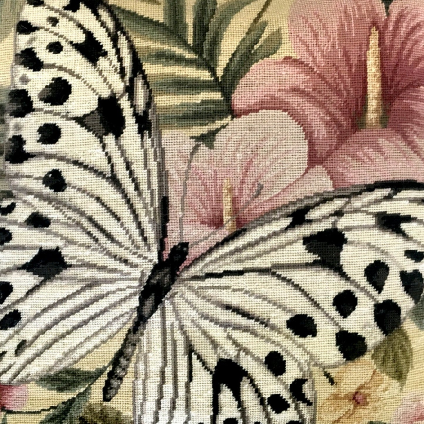 Handmade Wool Needlepoint Pillow Cover - Decorative Throw Cushion Cover - Vintage Floral Embroidery Design butterfly w/b dark dots & pink flower with cording