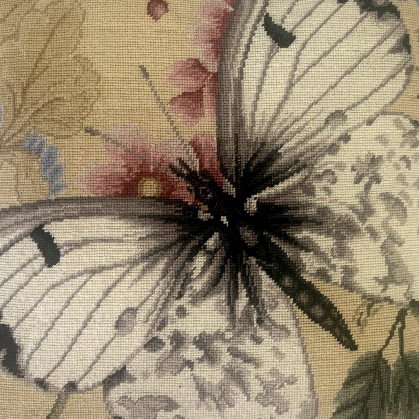 Handmade Wool Needlepoint Pillow Cover - Decorative Throw Cushion Cover - Vintage Floral Embroidery Design butterfly w/b soft dots pink flower with cording