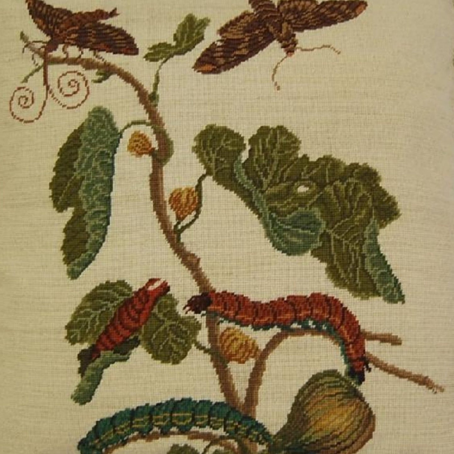 Handmade Wool Needlepoint Pillow Cover - Decorative Throw Cushion Cover - Vintage Floral Embroidery Design background, green/brown caterpillars with 3 color tassels