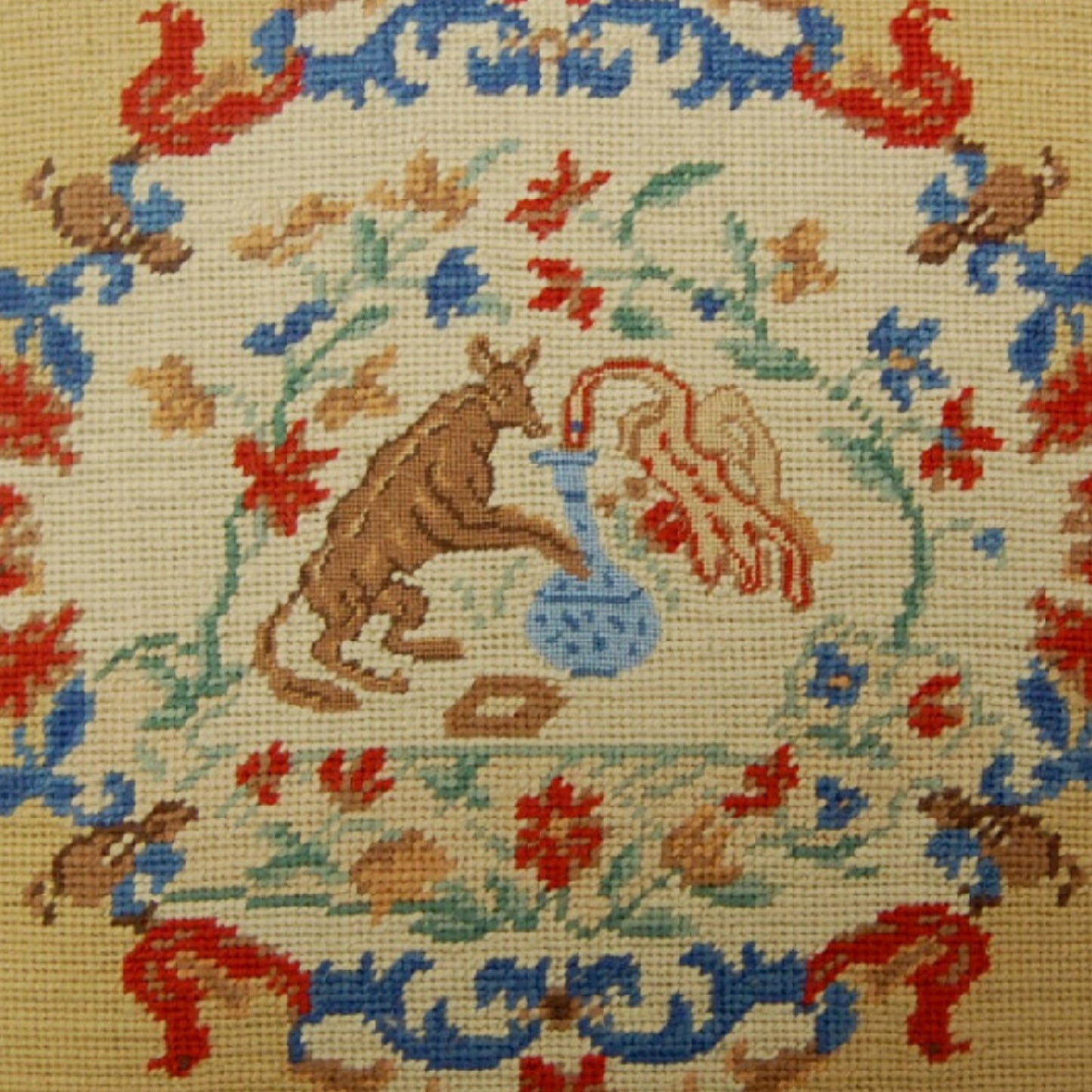 Handmade Wool Needlepoint Pillow Cover - Decorative Throw Cushion Cover - Vintage Floral Embroidery Design rest with cording