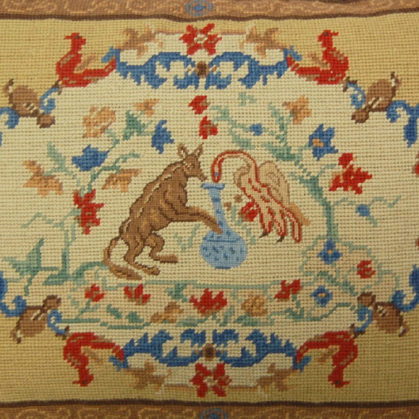 Handmade Wool Needlepoint Pillow Cover - Decorative Throw Cushion Cover - Vintage Floral Embroidery Design center rest with cording