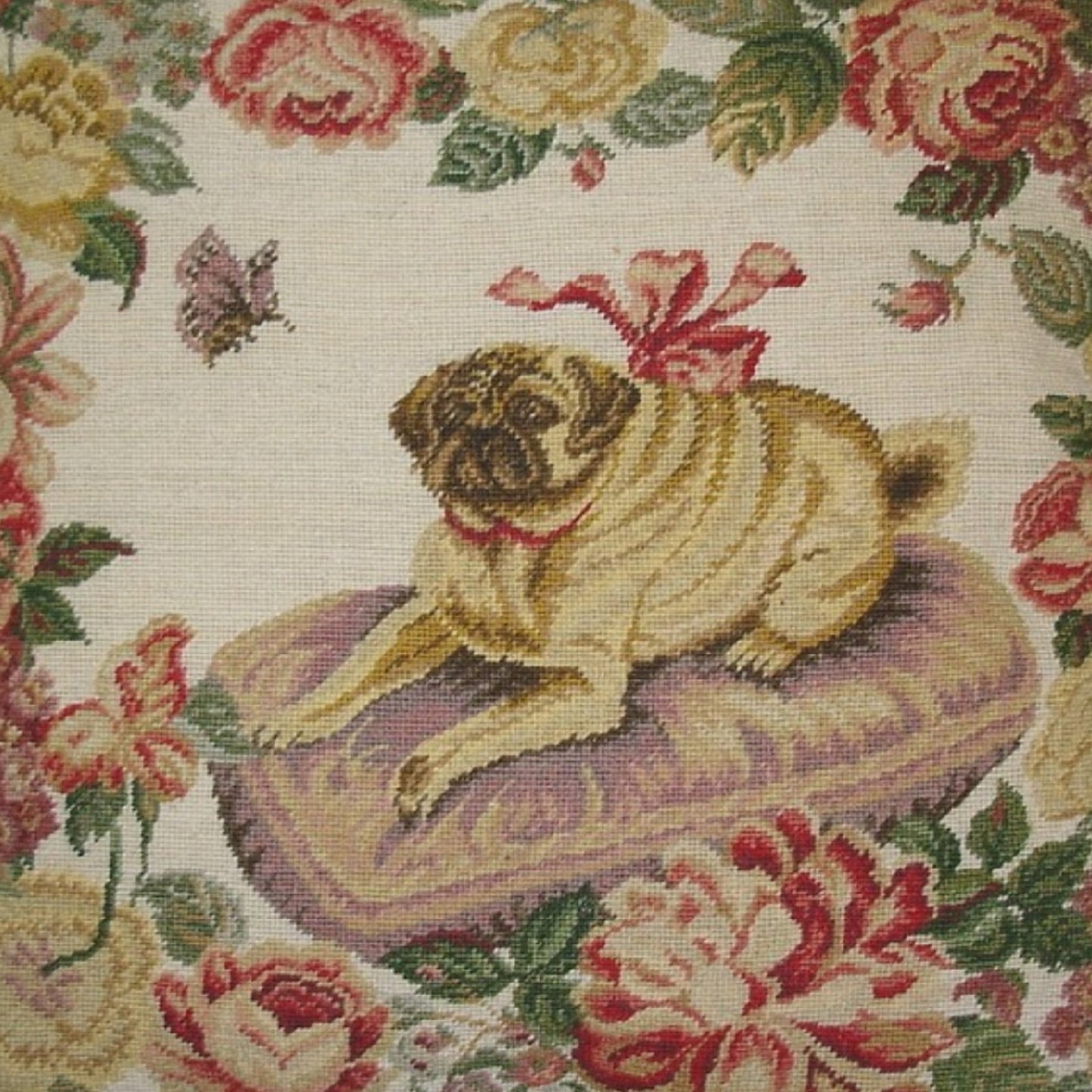 Handmade Wool Needlepoint Pillow Cover - Decorative Throw Cushion Cover - Vintage Floral Embroidery Design Pug on the purple cushion with tassels