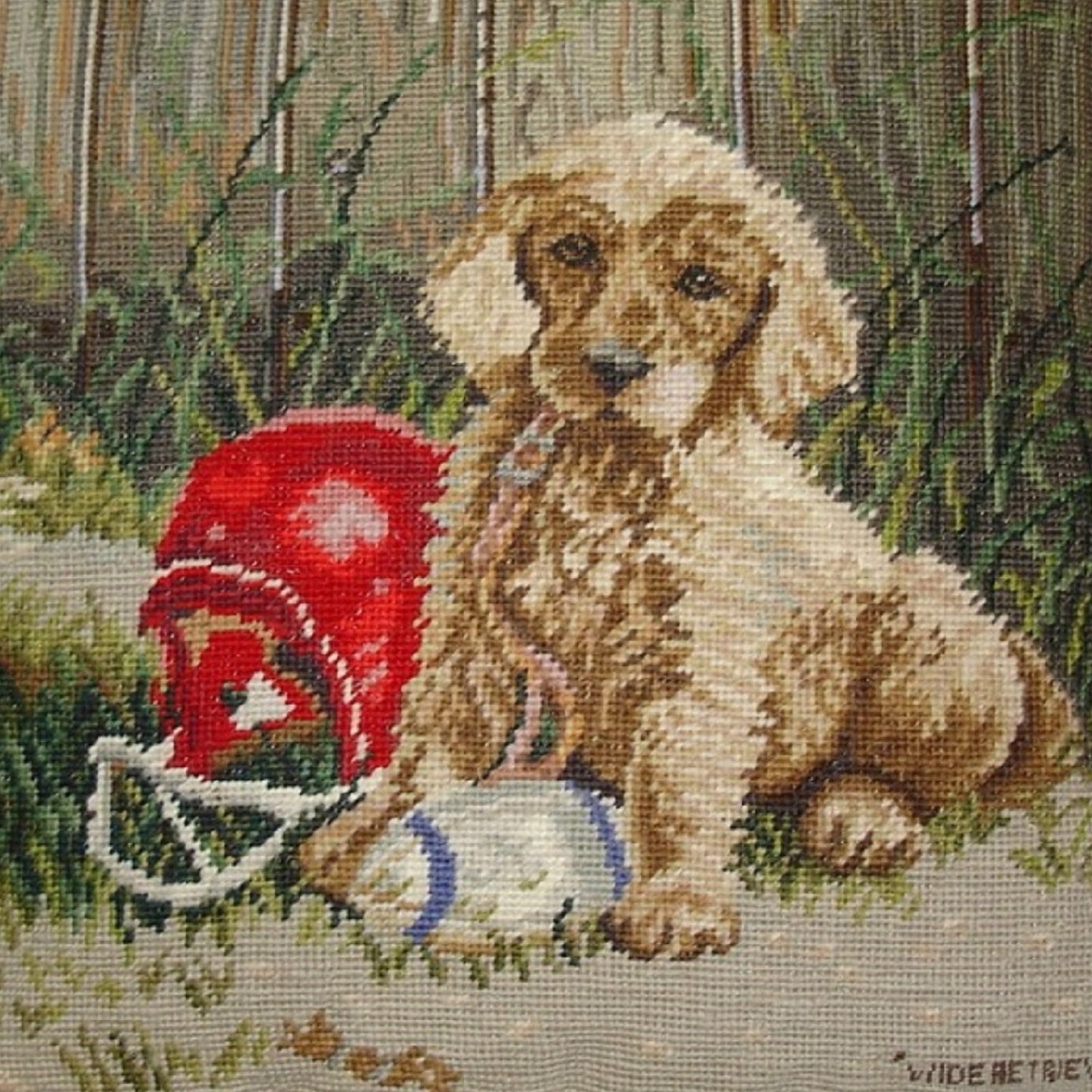 Handmade Wool Needlepoint Pillow Cover - Decorative Throw Cushion Cover - Vintage Floral Embroidery Design Jim Lambs designWide Retriever, &