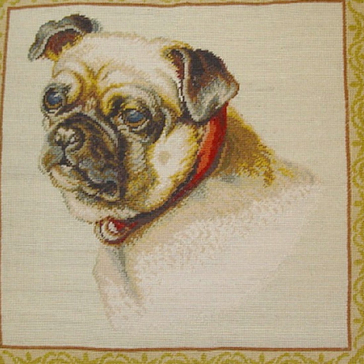 Handmade Wool Needlepoint Pillow Cover - Decorative Throw Cushion Cover - Vintage Floral Embroidery Design Pug dog nature background