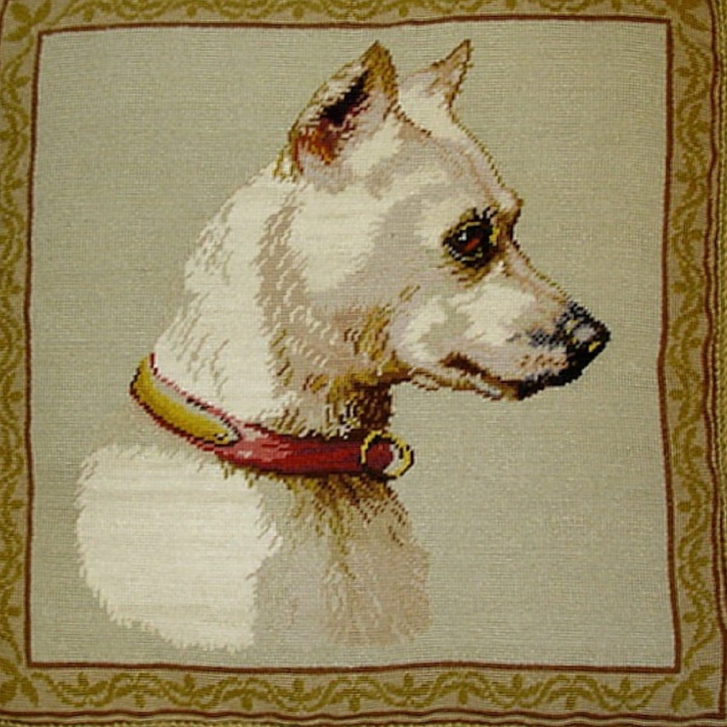 Handmade Wool Needlepoint Pillow Cover - Decorative Throw Cushion Cover - Vintage Floral Embroidery Design Bull Terrie Light with sand nature tassel