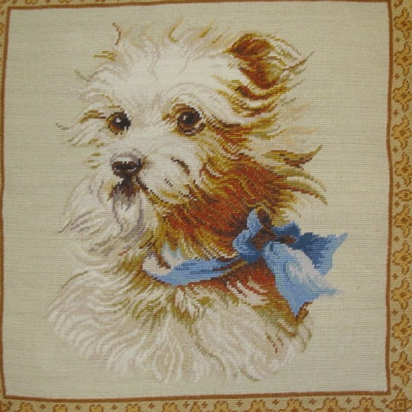 Handmade Wool Needlepoint Pillow Cover - Decorative Throw Cushion Cover - Vintage Floral Embroidery Design Terrier dog with nature tassel