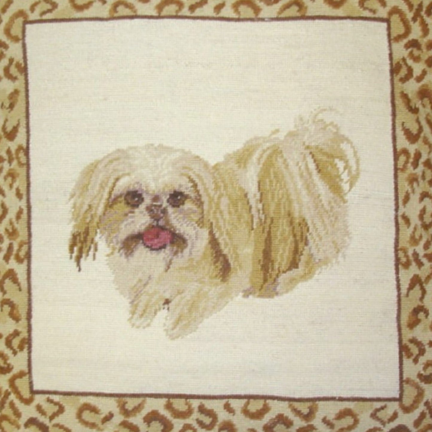 Handmade Wool Needlepoint Pillow Cover - Decorative Throw Cushion Cover - Vintage Floral Embroidery Design playfully Shih-Tzu with animal print frame 2 color tassels