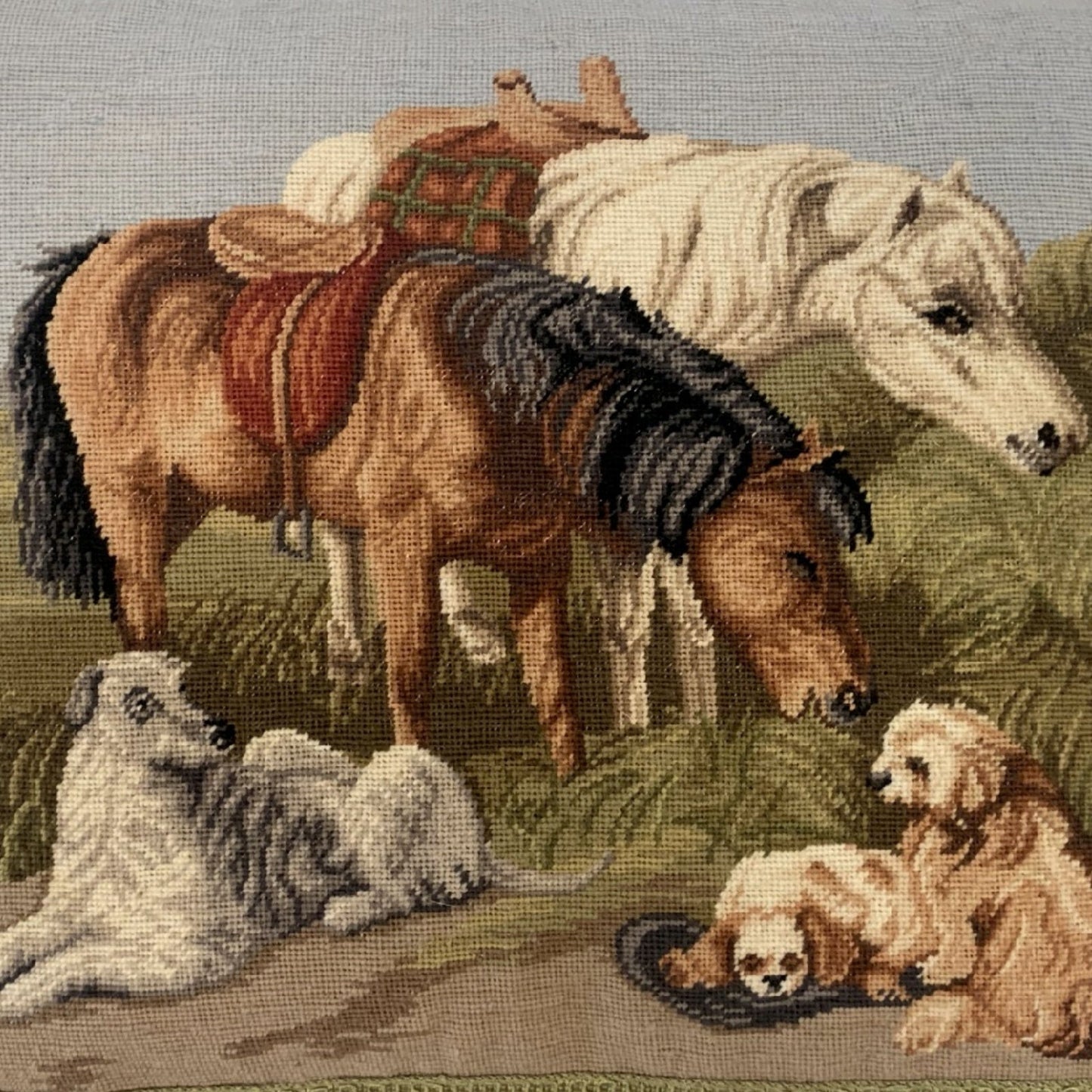 Handmade Wool Needlepoint Pillow Cover - Decorative Throw Cushion Cover - Vintage Floral Embroidery Design Horses & Dogs with 2 color tassels