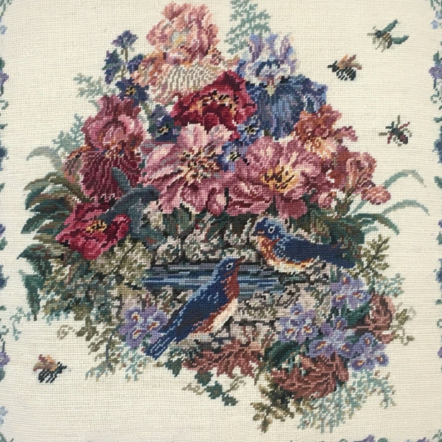 Handmade Wool Needlepoint Pillow Cover - Decorative Throw Cushion Cover - Vintage Floral Embroidery Design blue birds with tassel