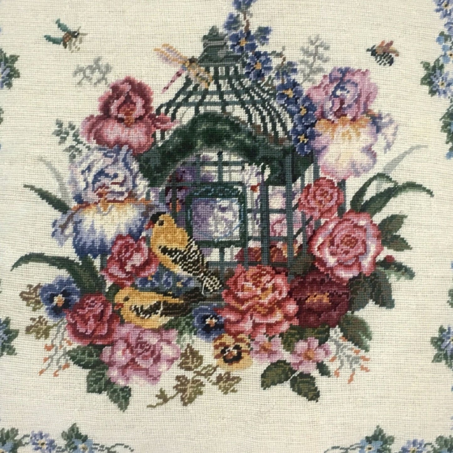 Handmade Wool Needlepoint Pillow Cover - Decorative Throw Cushion Cover - Vintage Floral Embroidery Design yellow birds with tassel